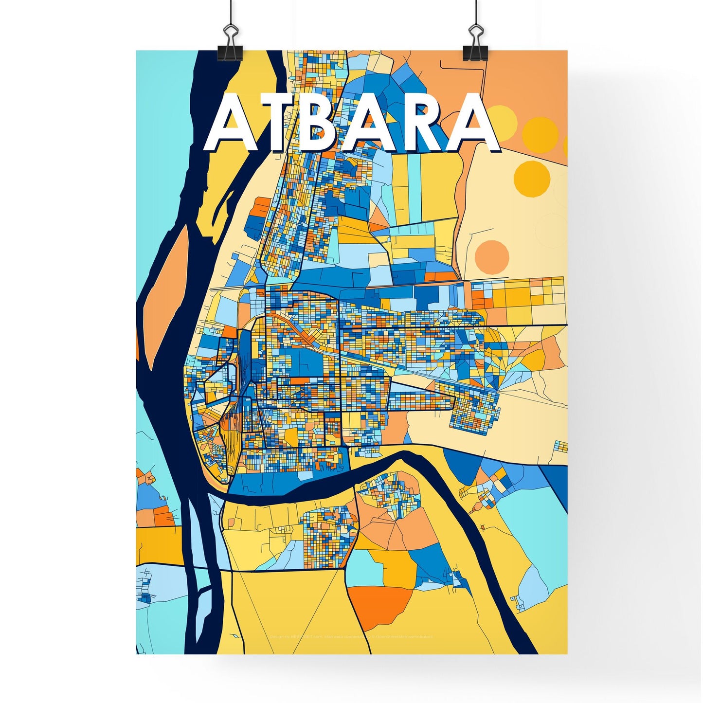 ATBARA SUDAN Vibrant Colorful Art Map Poster Blue Orange