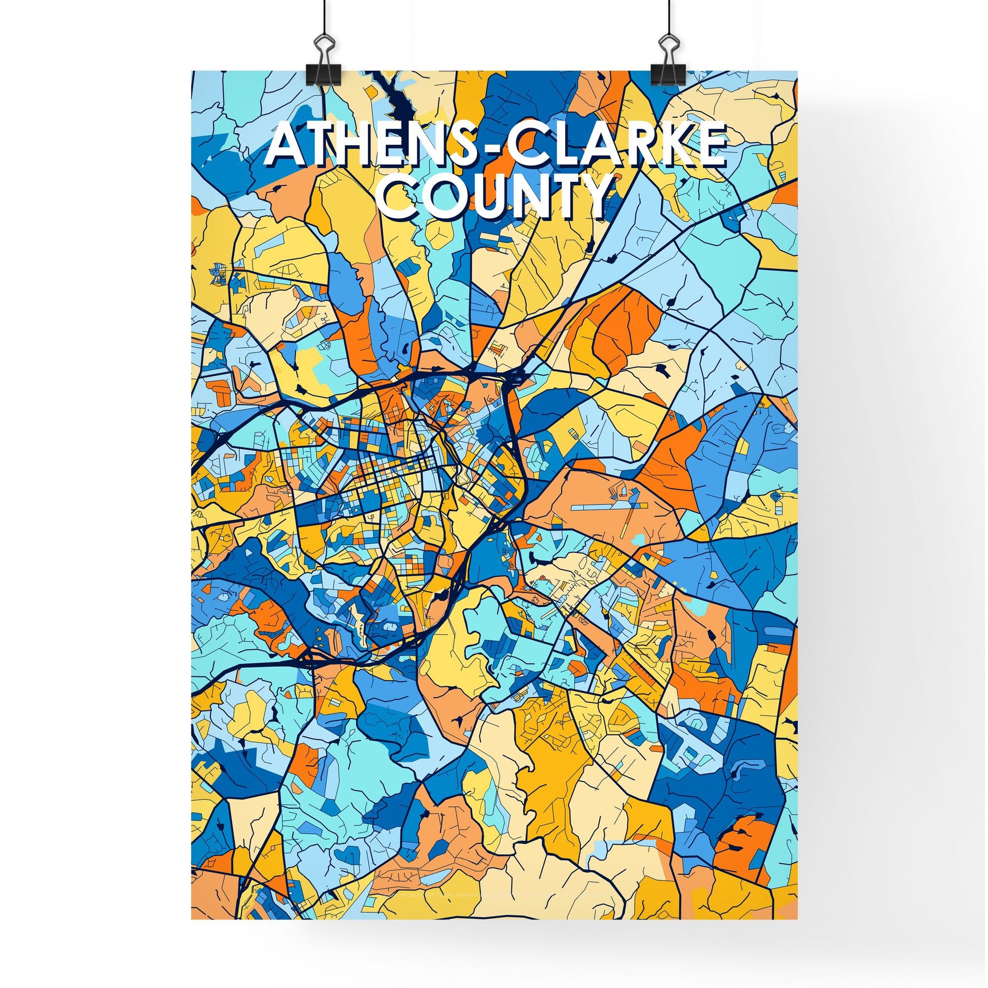 ATHENS-CLARKE COUNTY GEORGIA Vibrant Colorful Art Map Poster Blue Orange