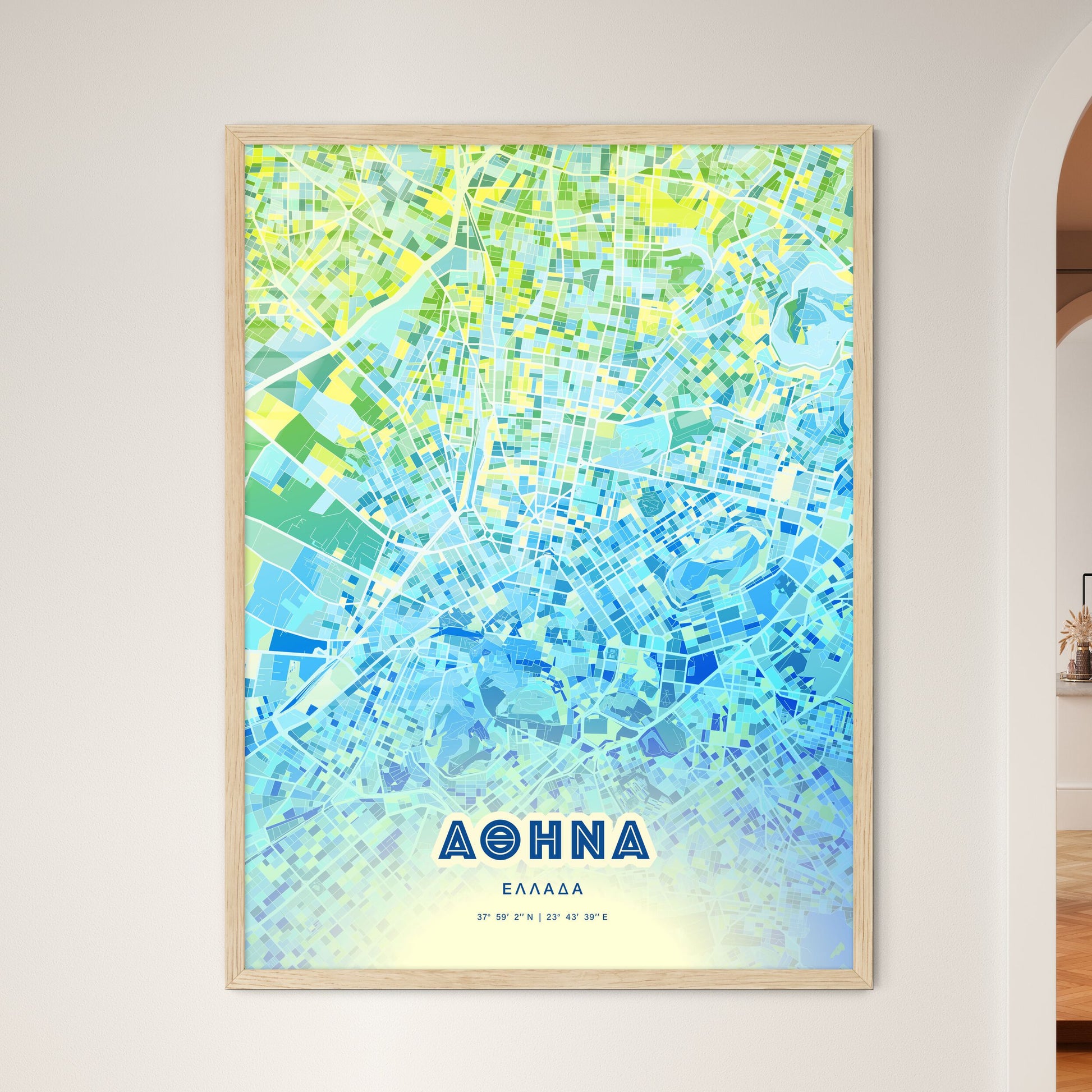 Colorful Athens Greece Fine Art Map Cool Blue