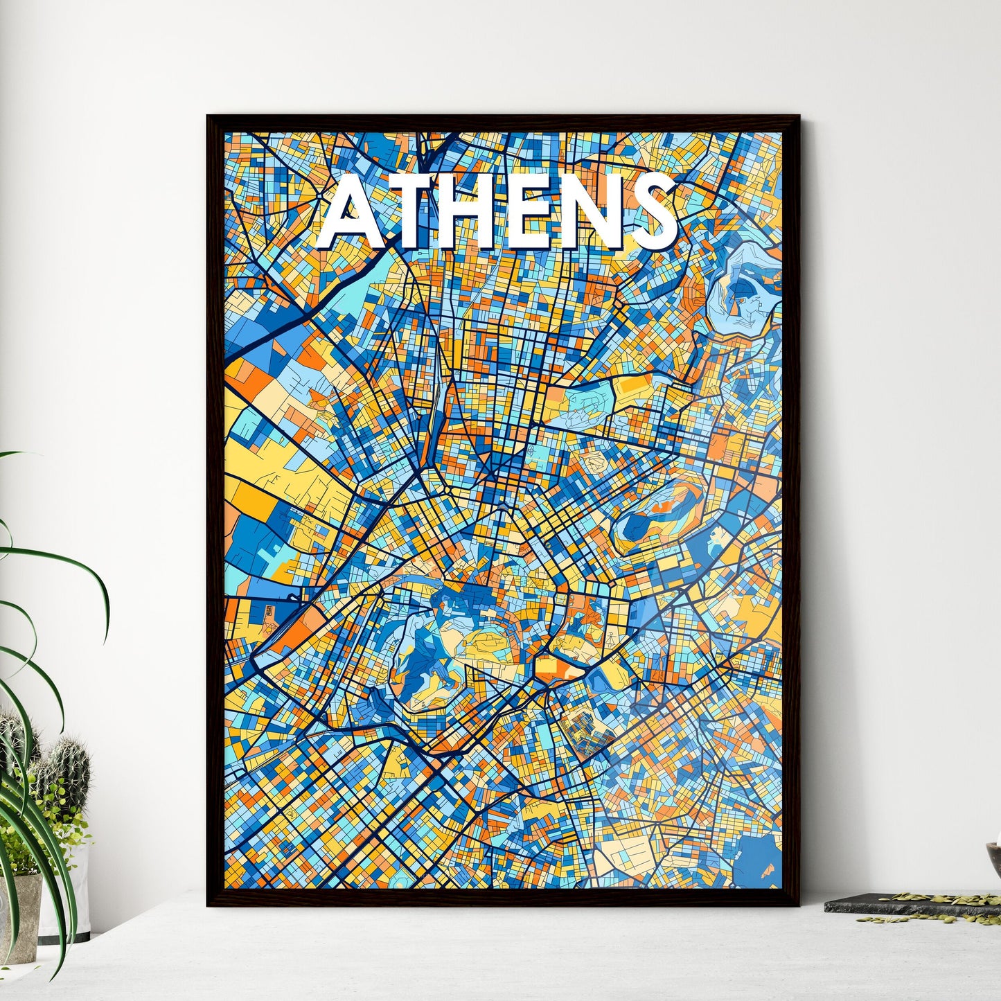 ATHENS GREECE Vibrant Colorful Art Map Poster Blue Orange