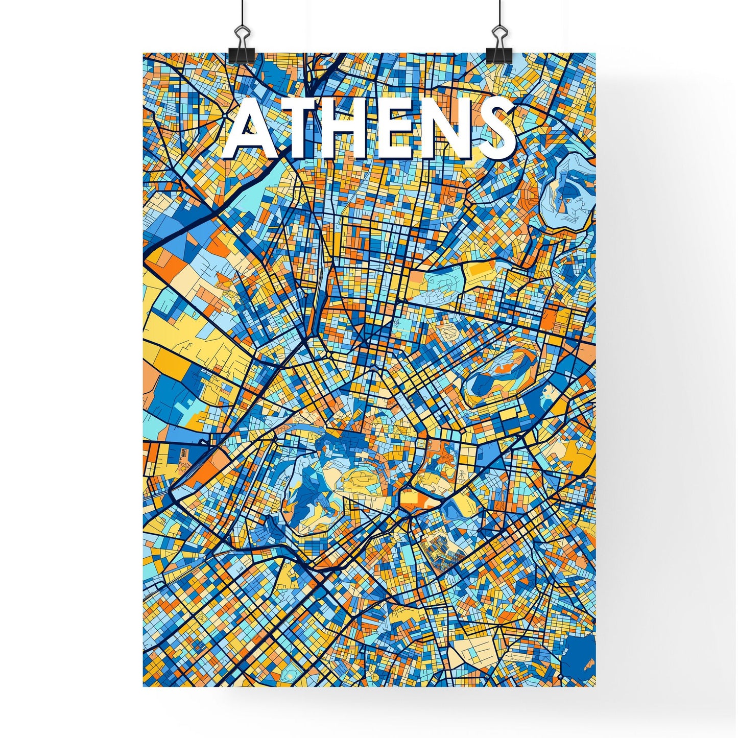 ATHENS GREECE Vibrant Colorful Art Map Poster Blue Orange