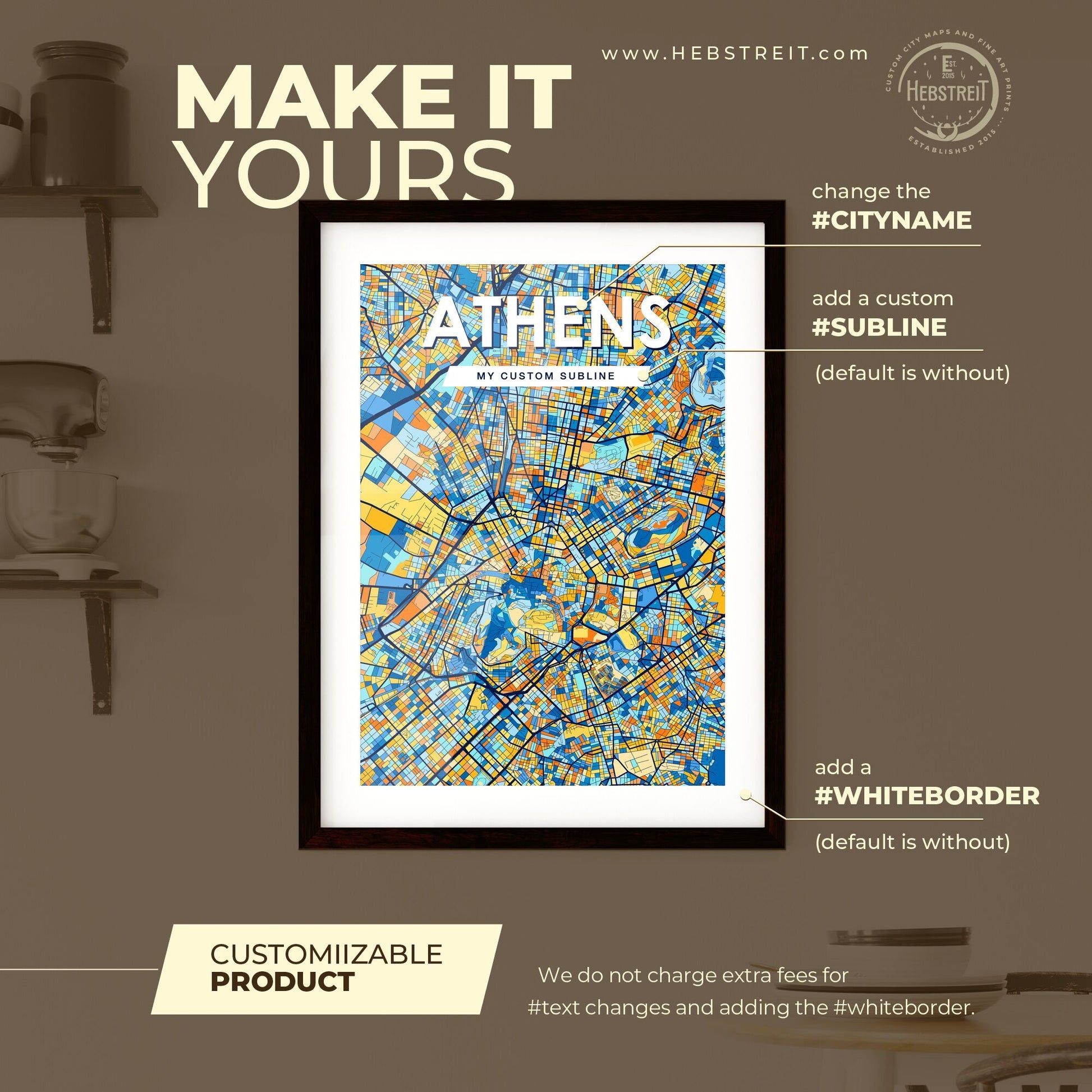 ATHENS GREECE Vibrant Colorful Art Map Poster Blue Orange