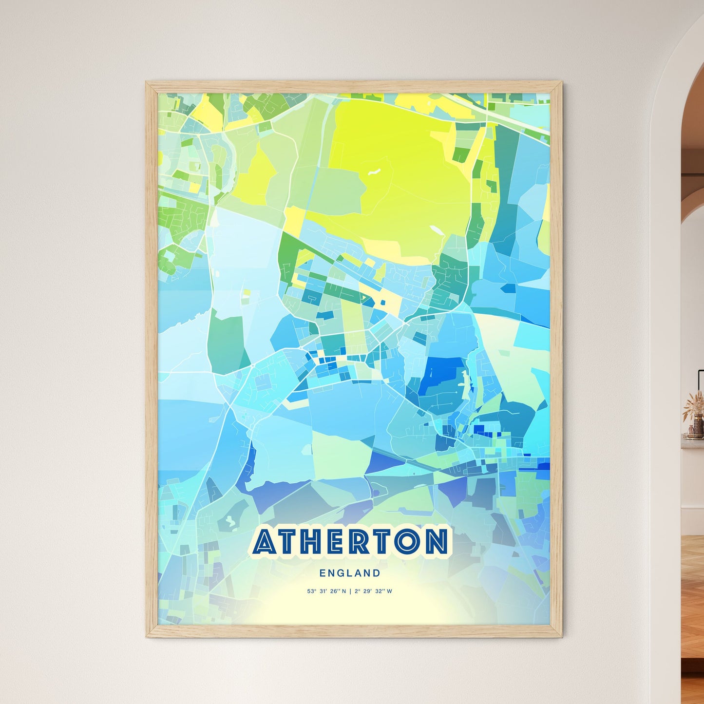 Colorful Atherton England Fine Art Map Cool Blue