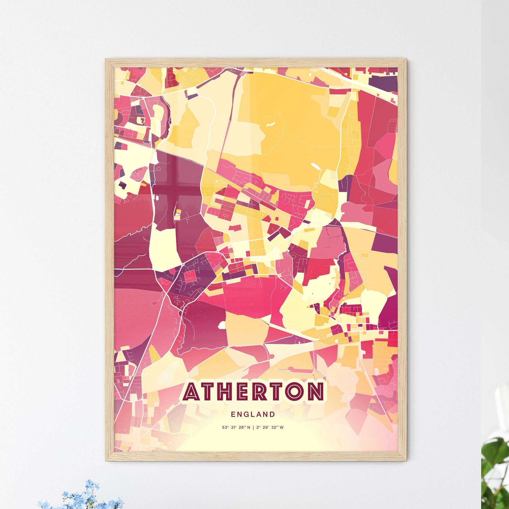Colorful Atherton England Fine Art Map Hot Red
