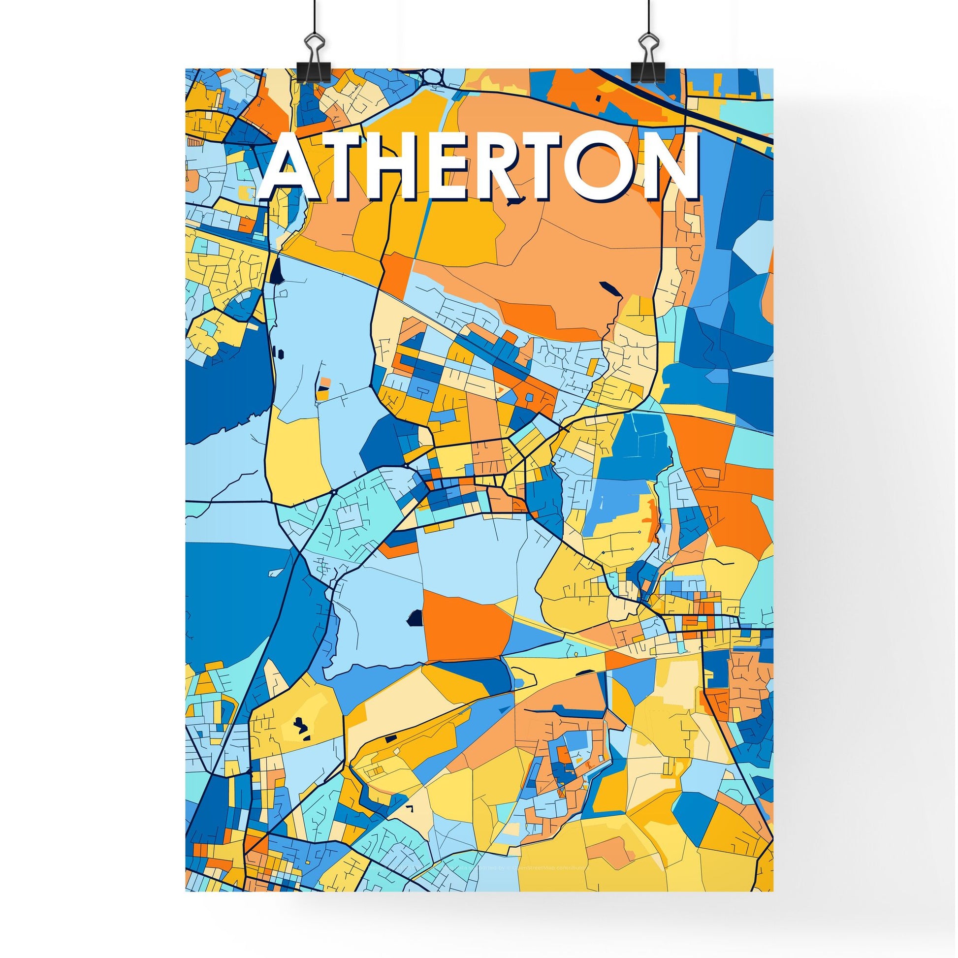 ATHERTON ENGLAND Vibrant Colorful Art Map Poster Blue Orange