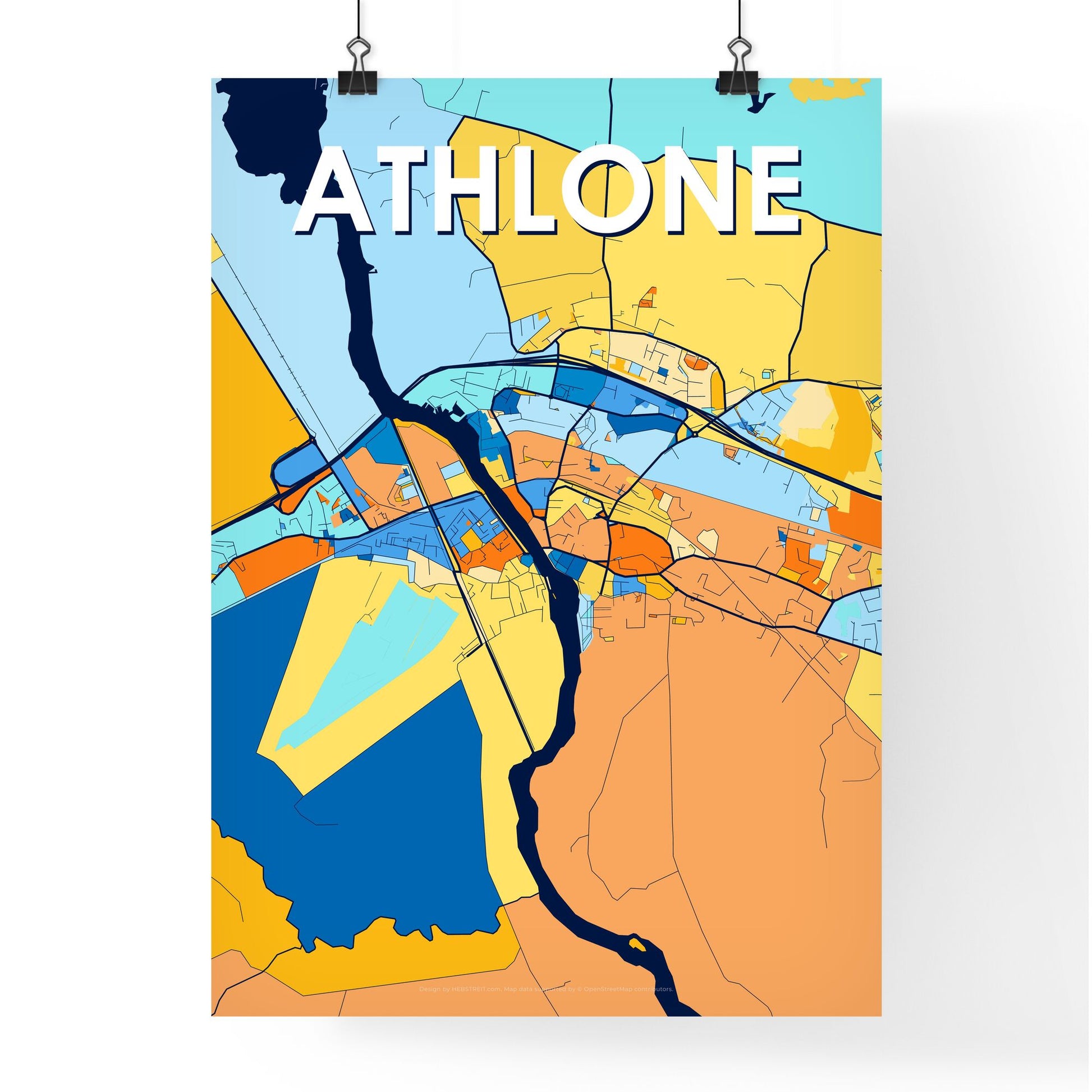 ATHLONE IRELAND Vibrant Colorful Art Map Poster Blue Orange