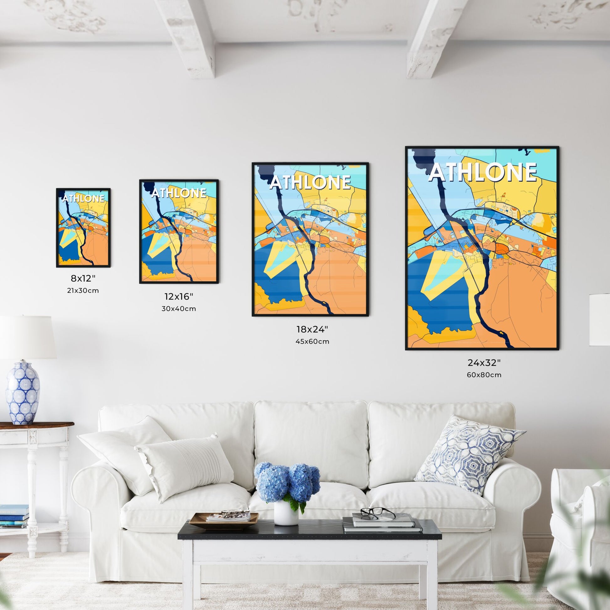 ATHLONE IRELAND Vibrant Colorful Art Map Poster Blue Orange