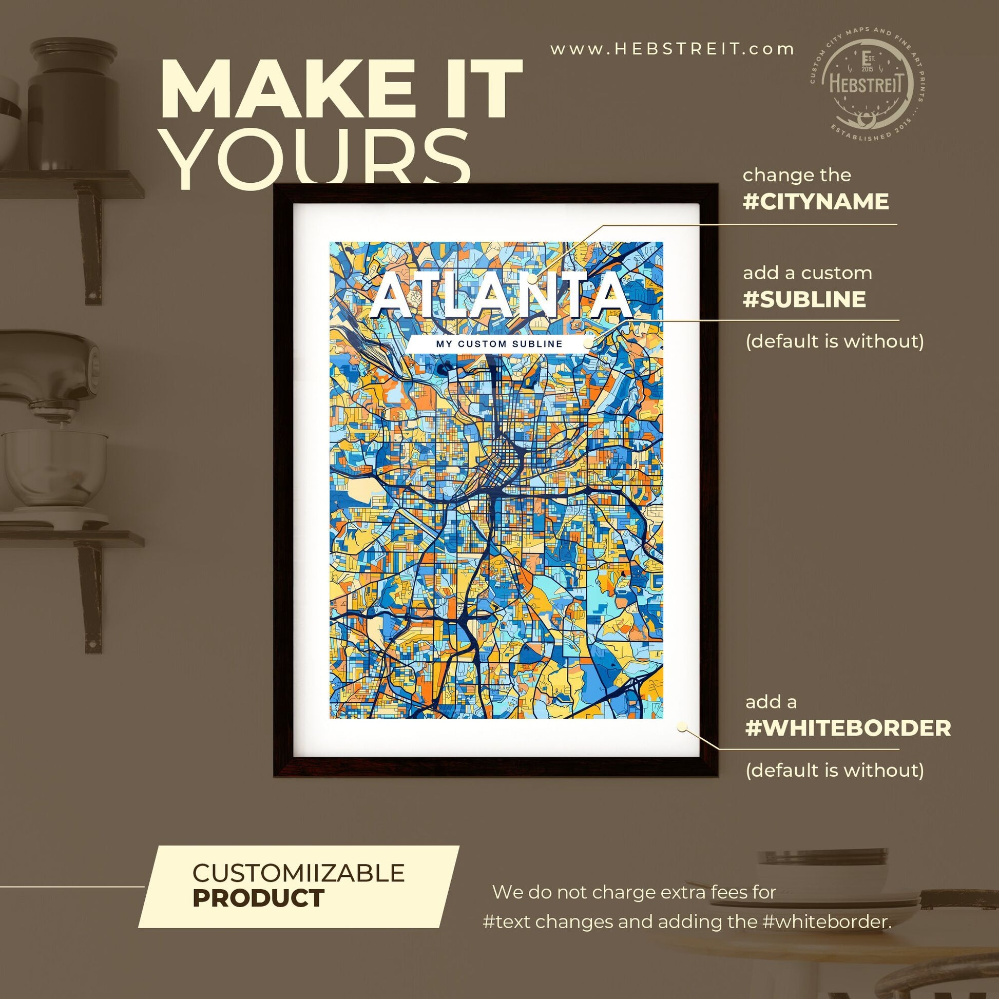 ATLANTA GEORGIA Vibrant Colorful Art Map Poster Blue Orange