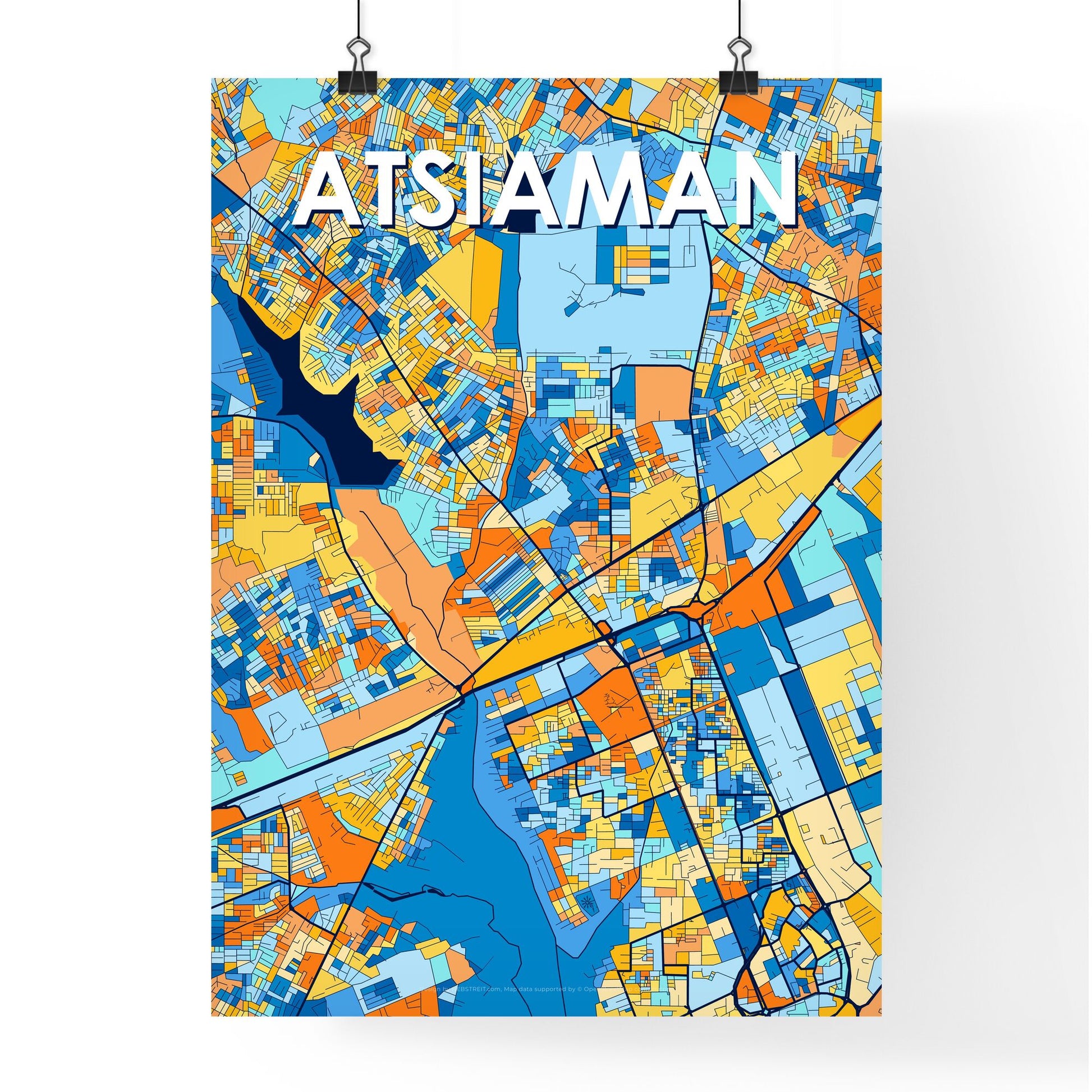 ATSIAMAN GHANA Vibrant Colorful Art Map Poster Blue Orange