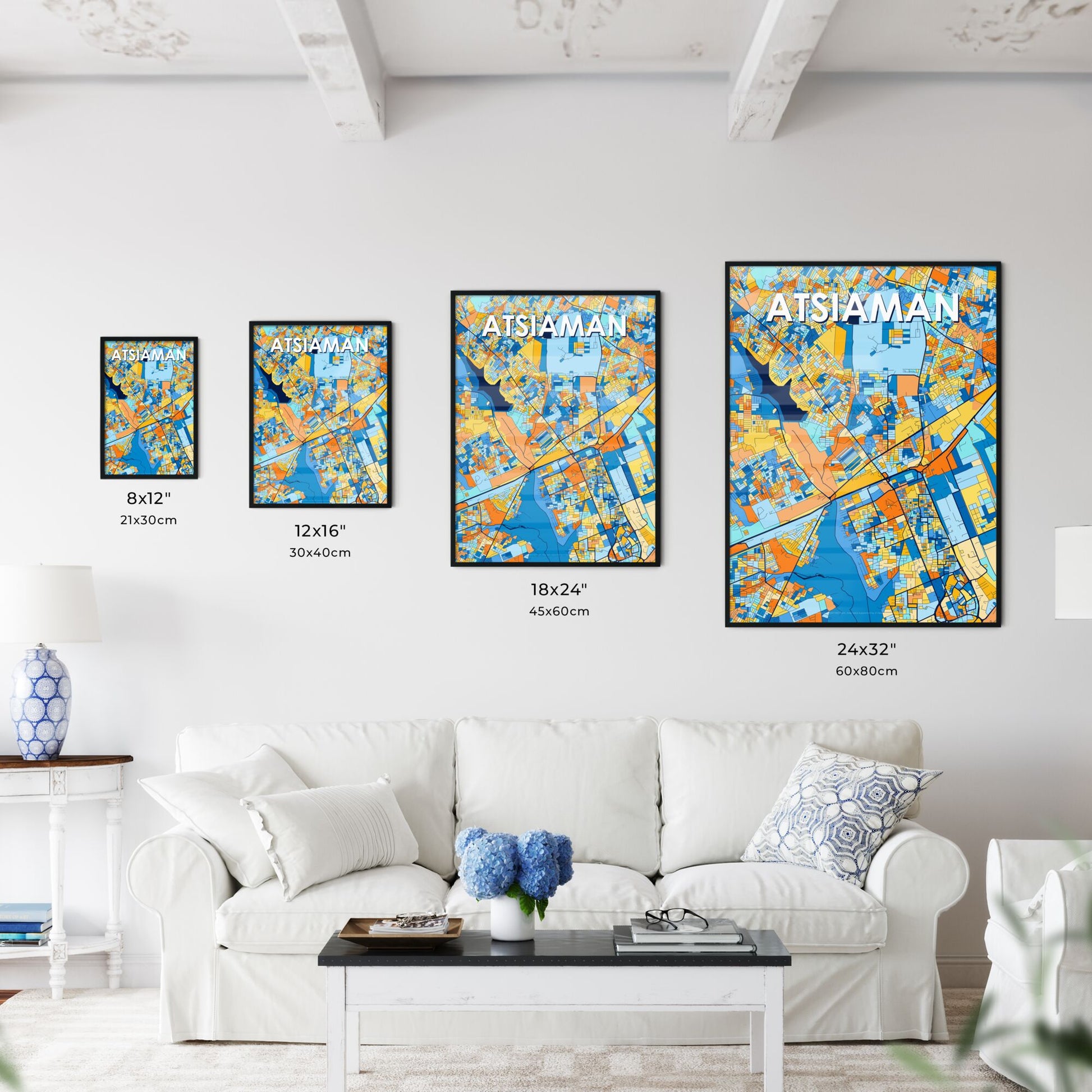 ATSIAMAN GHANA Vibrant Colorful Art Map Poster Blue Orange