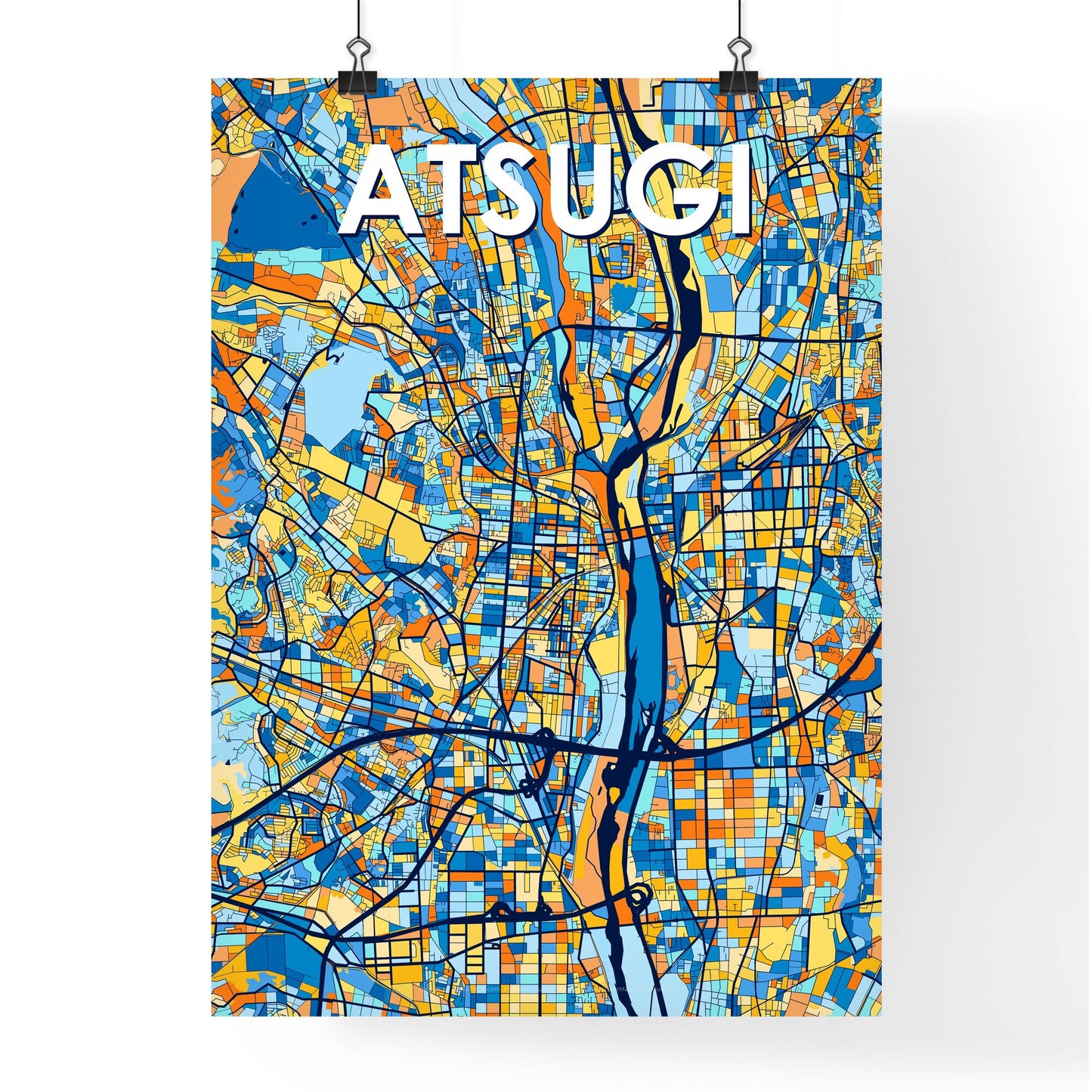 ATSUGI JAPAN Vibrant Colorful Art Map Poster Blue Orange