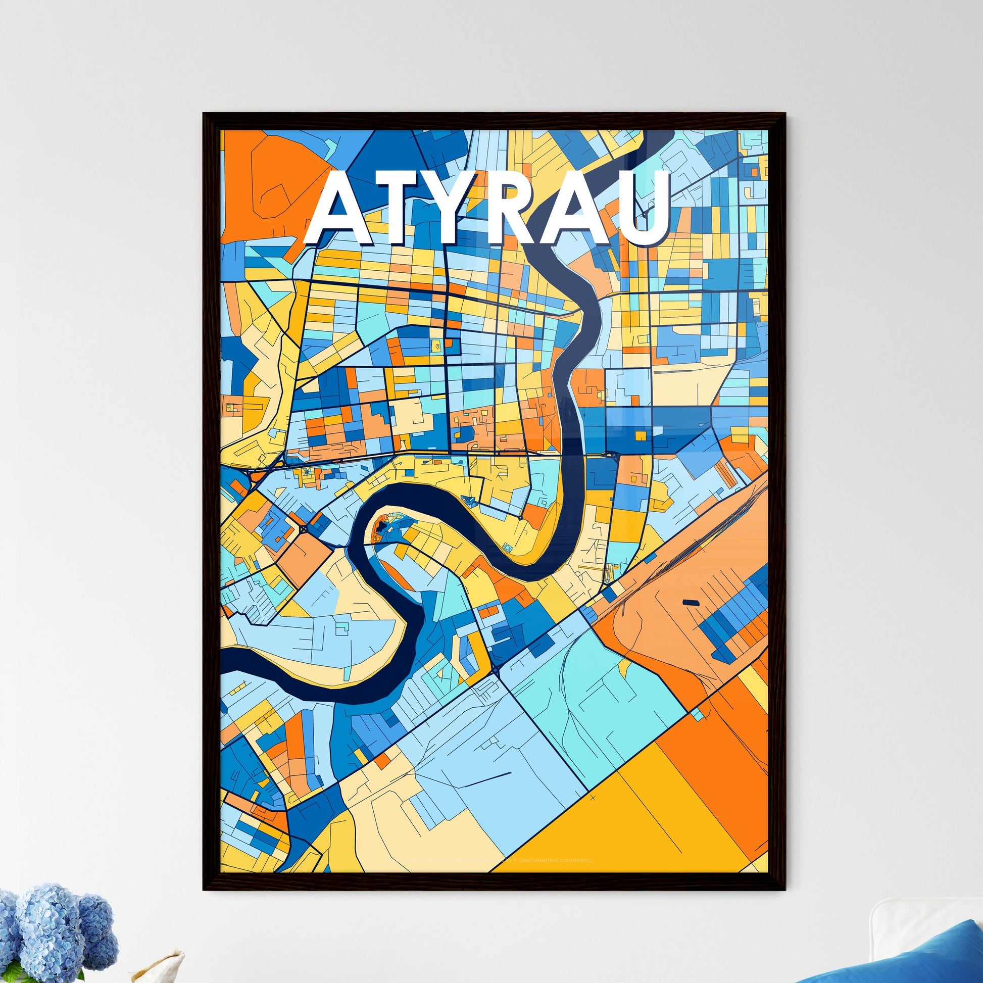 ATYRAU KAZAKHSTAN Vibrant Colorful Art Map Poster Blue Orange