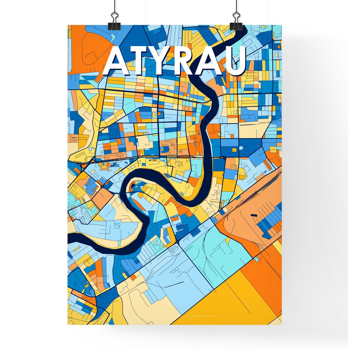 ATYRAU KAZAKHSTAN Vibrant Colorful Art Map Poster Blue Orange