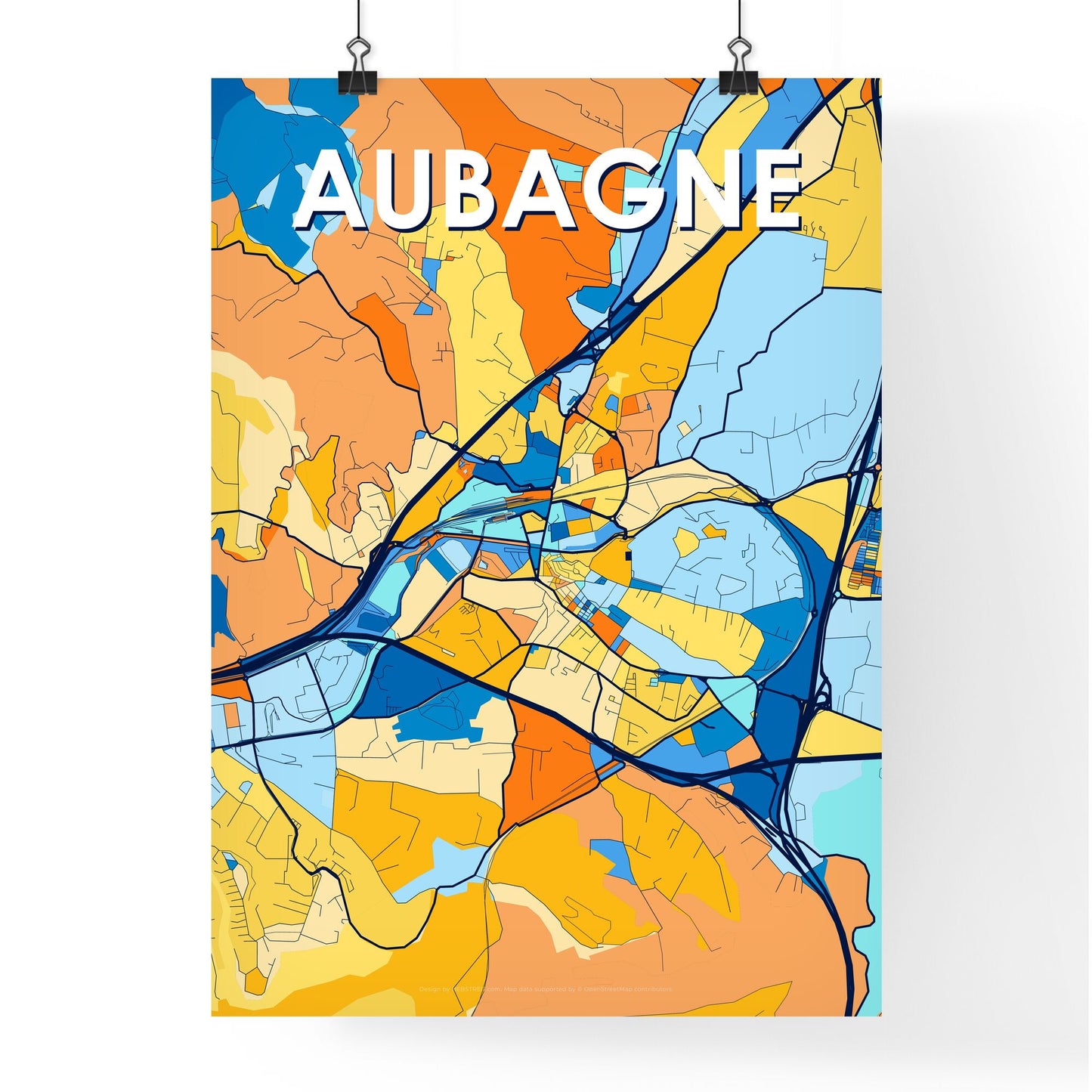 AUBAGNE FRANCE Vibrant Colorful Art Map Poster Blue Orange