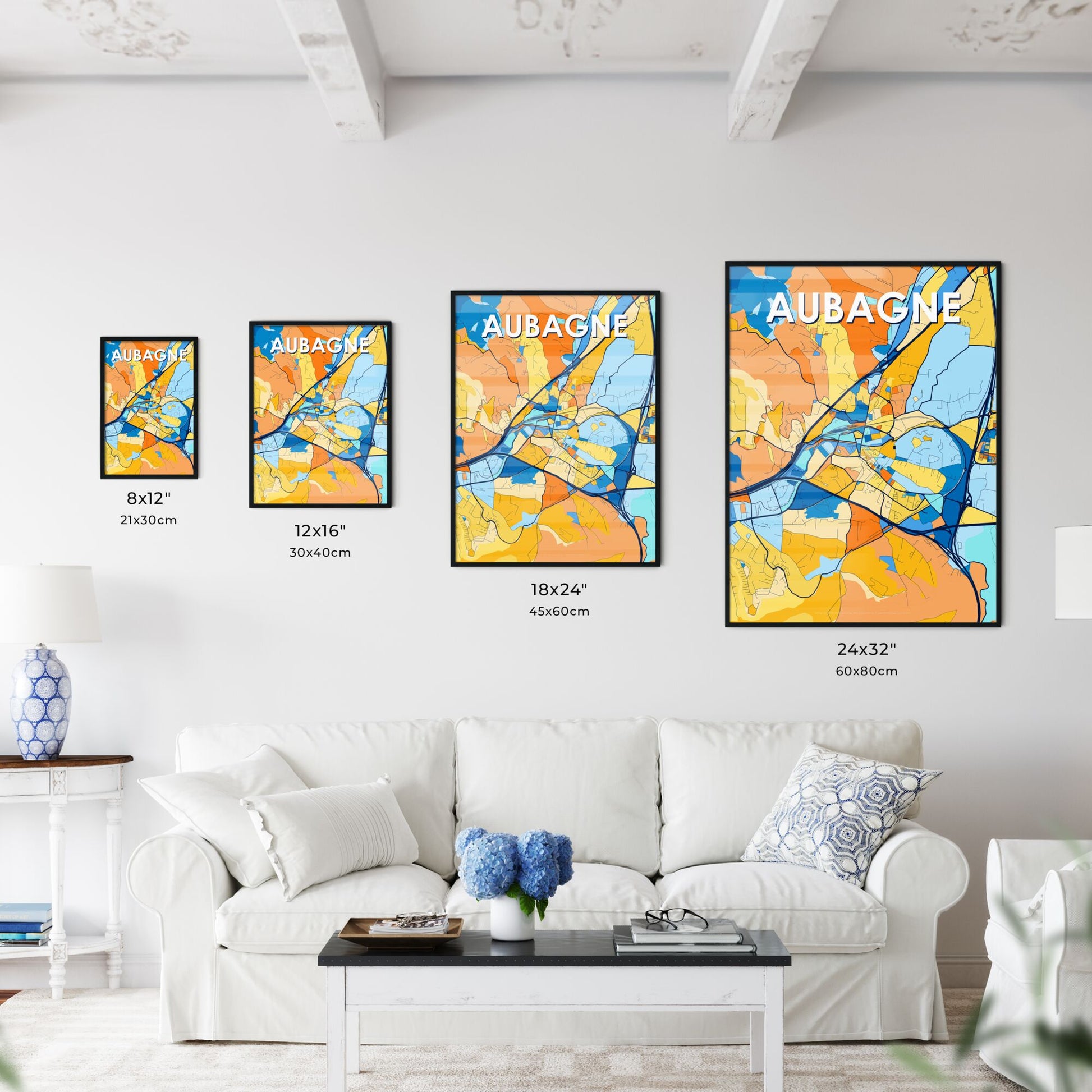 AUBAGNE FRANCE Vibrant Colorful Art Map Poster Blue Orange