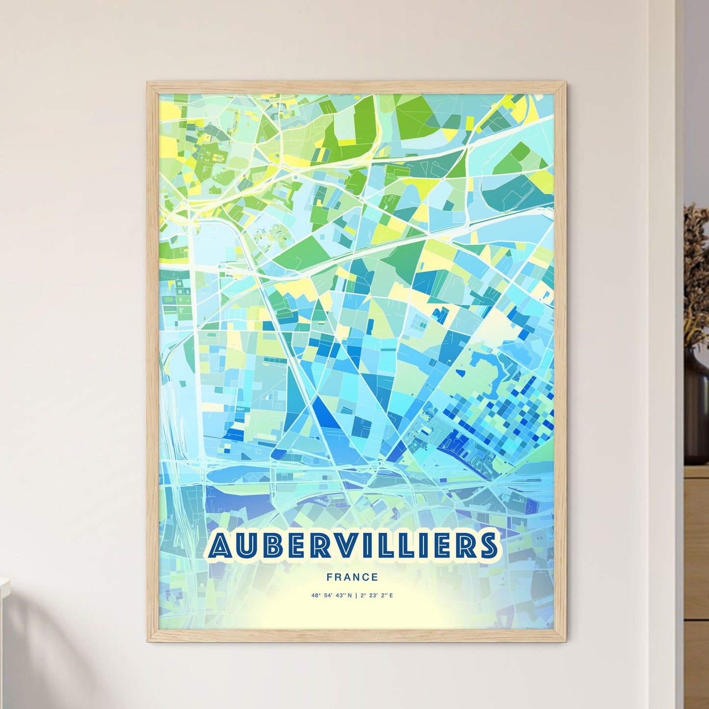 Colorful Aubervilliers France Fine Art Map Cool Blue
