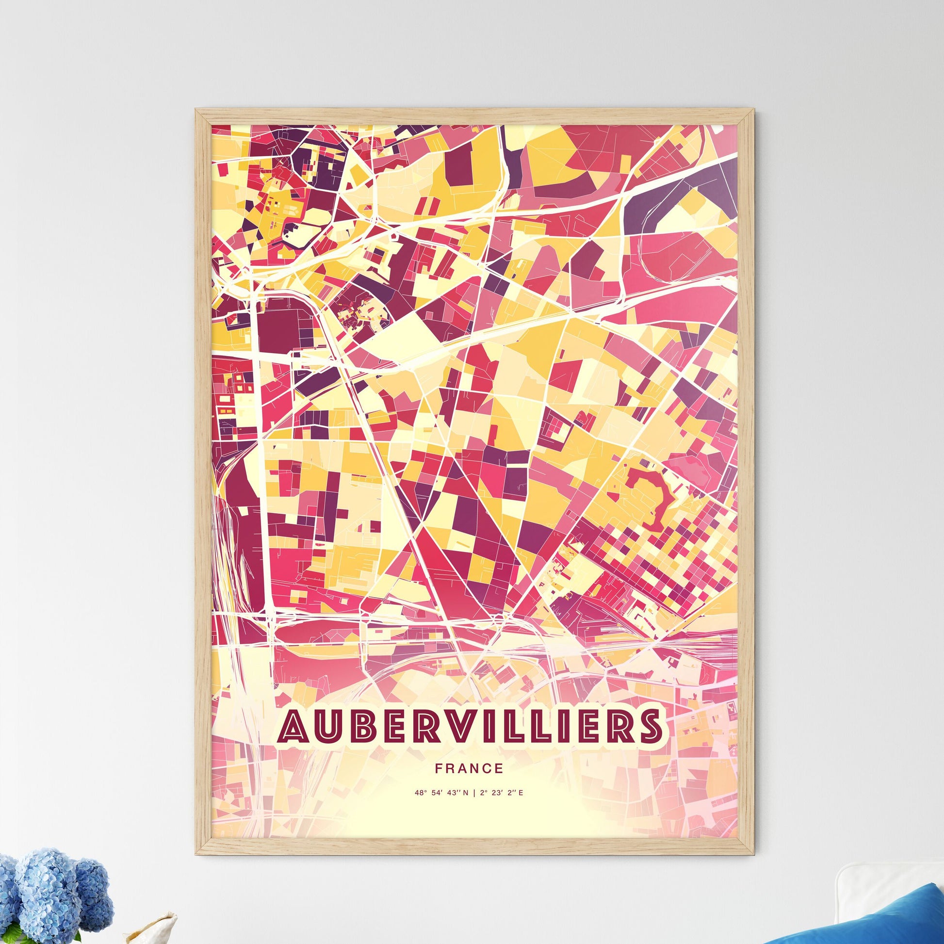 Colorful Aubervilliers France Fine Art Map Hot Red
