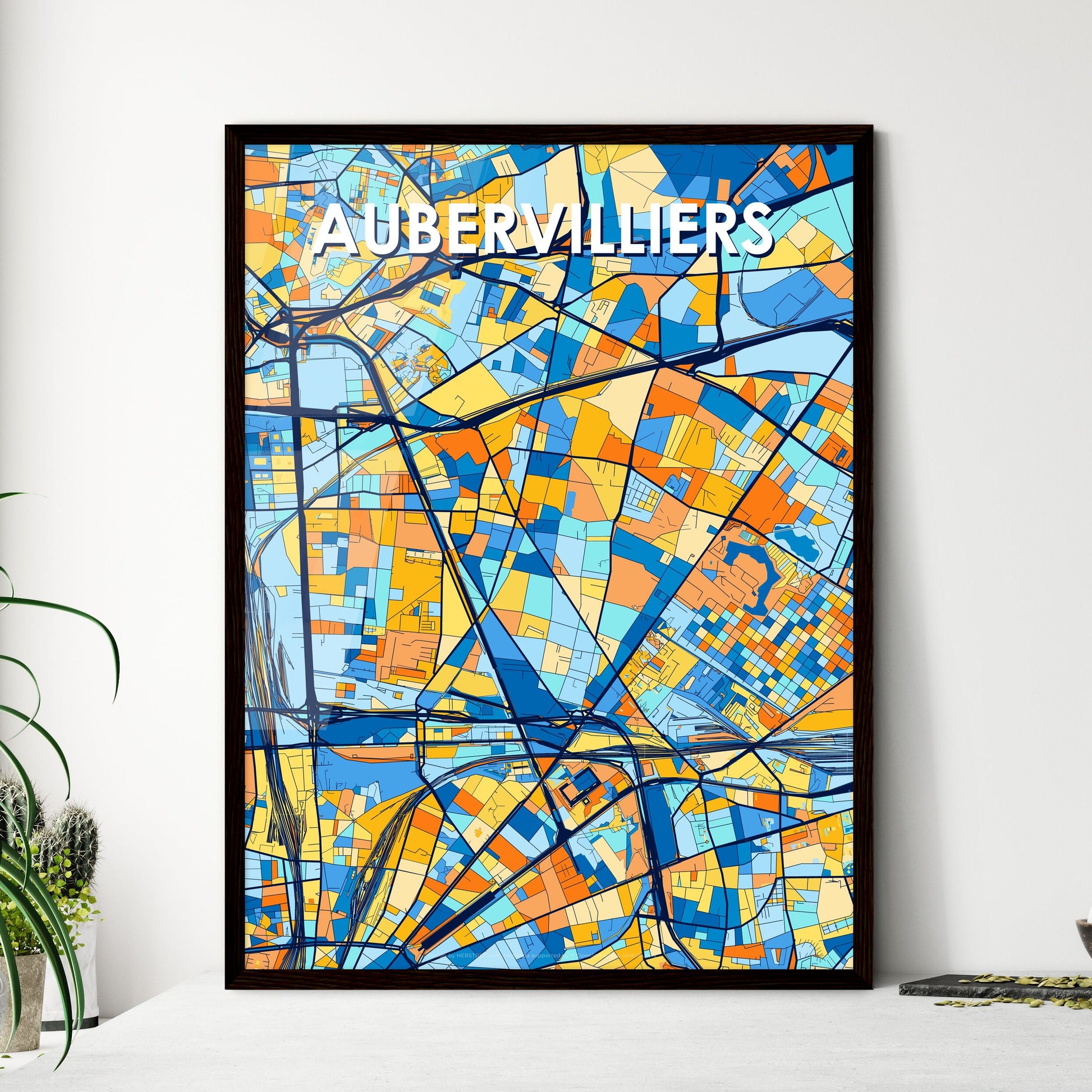 AUBERVILLIERS FRANCE Vibrant Colorful Art Map Poster Blue Orange