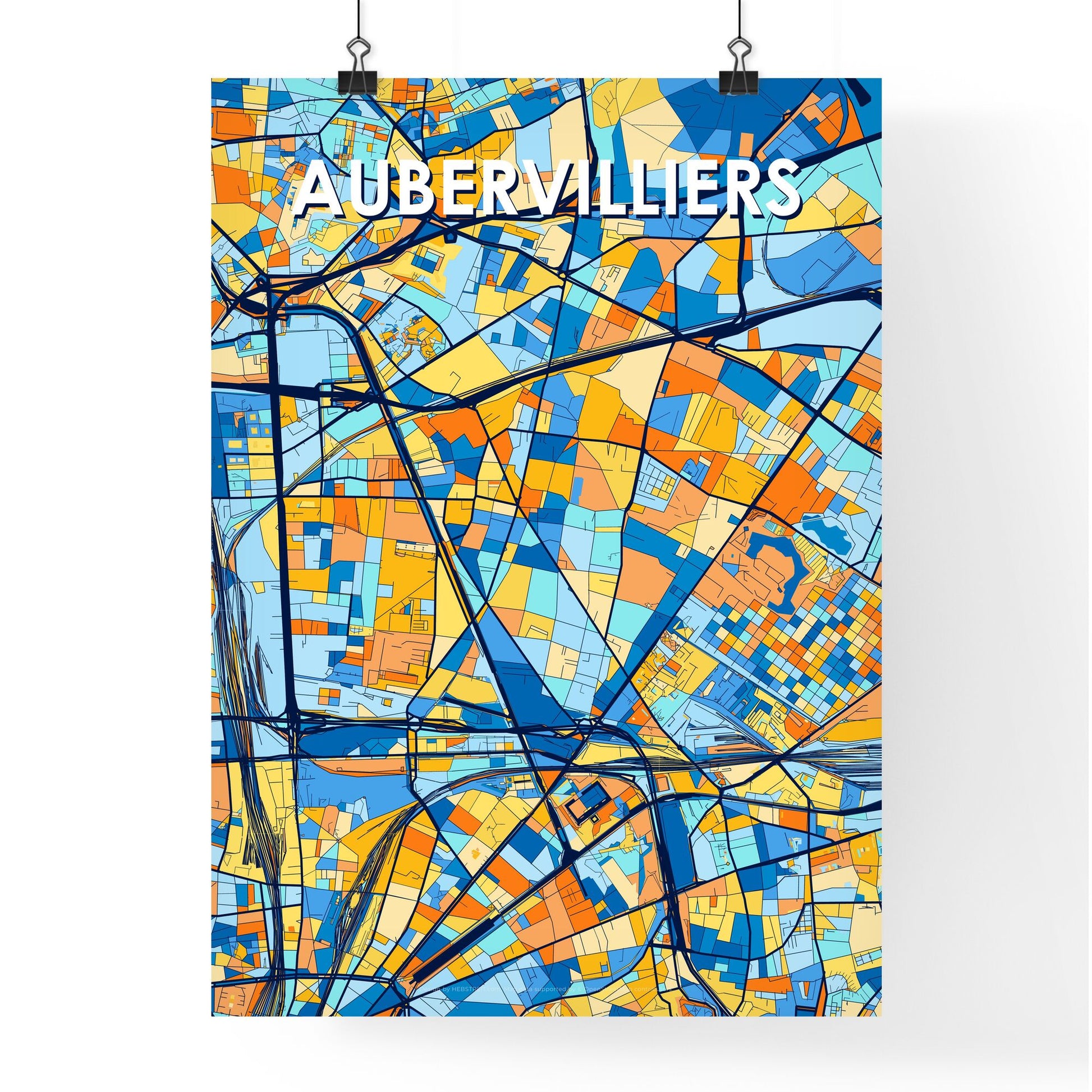 AUBERVILLIERS FRANCE Vibrant Colorful Art Map Poster Blue Orange