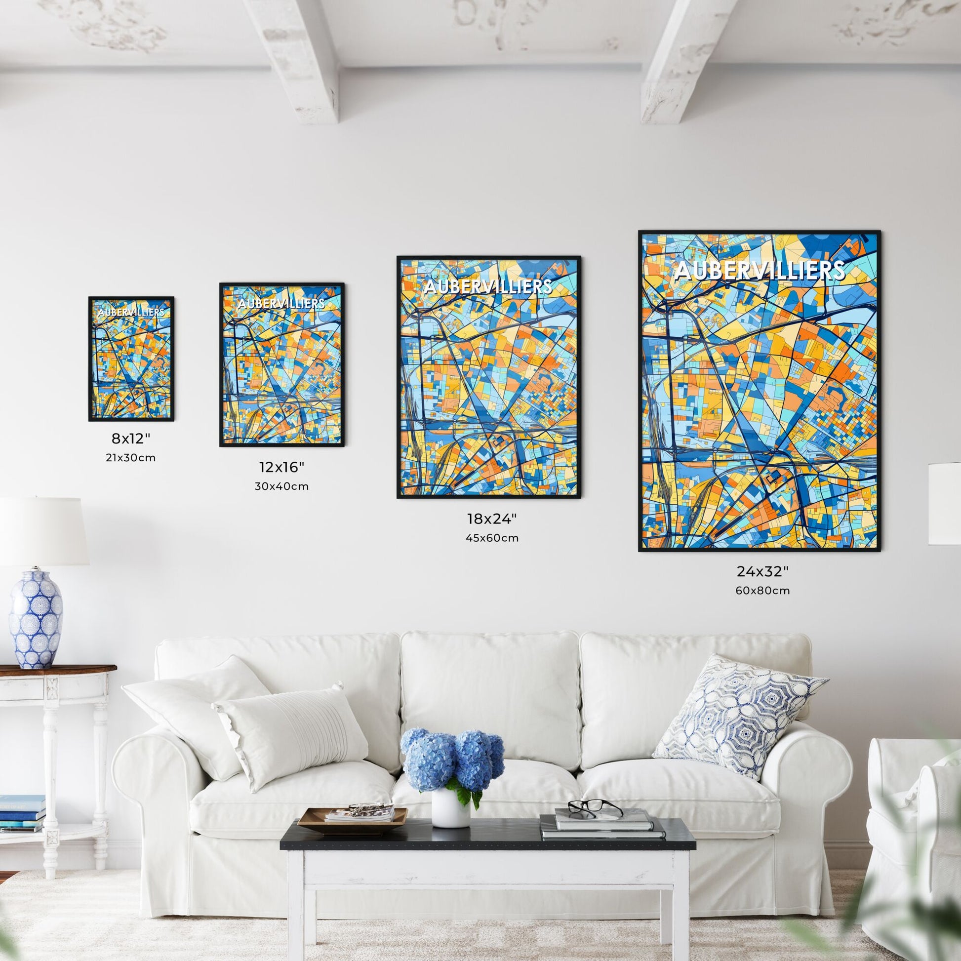 AUBERVILLIERS FRANCE Vibrant Colorful Art Map Poster Blue Orange