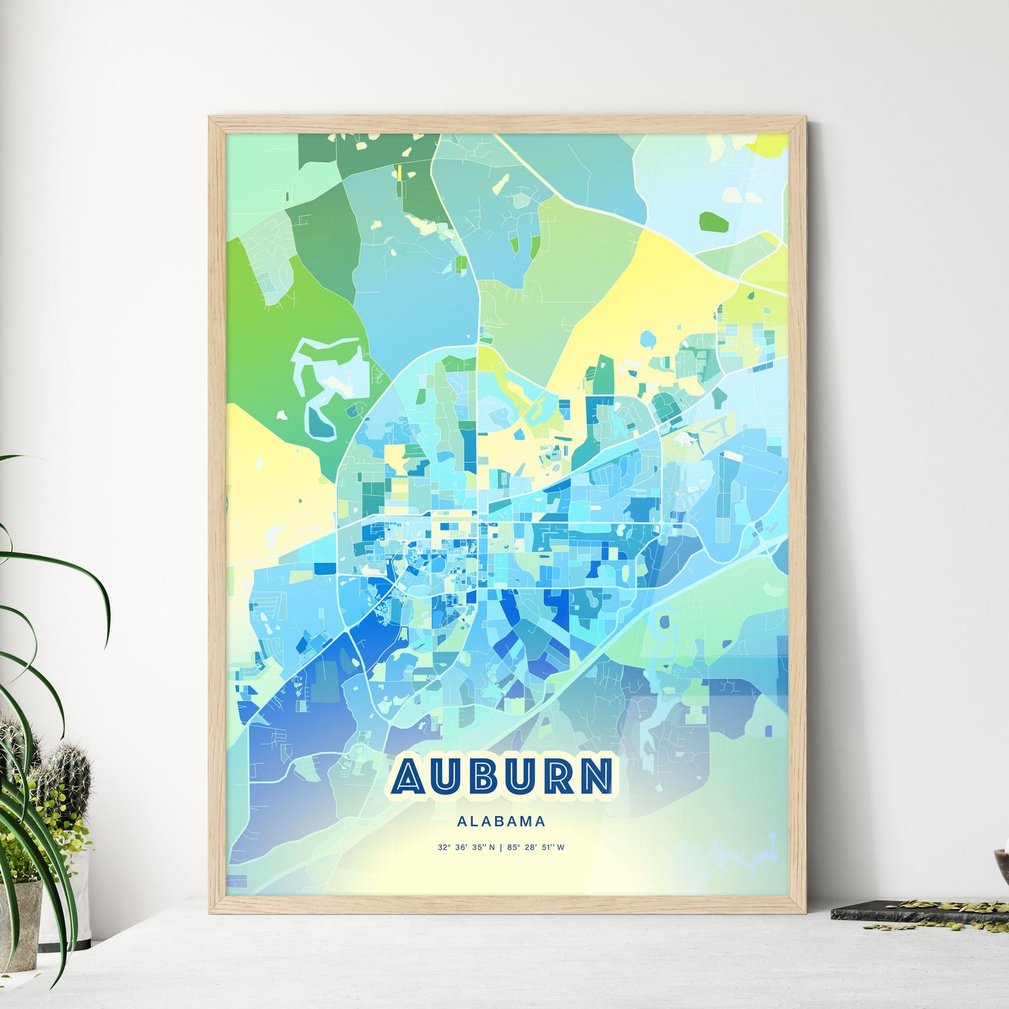 Colorful Auburn Alabama Fine Art Map Cool Blue