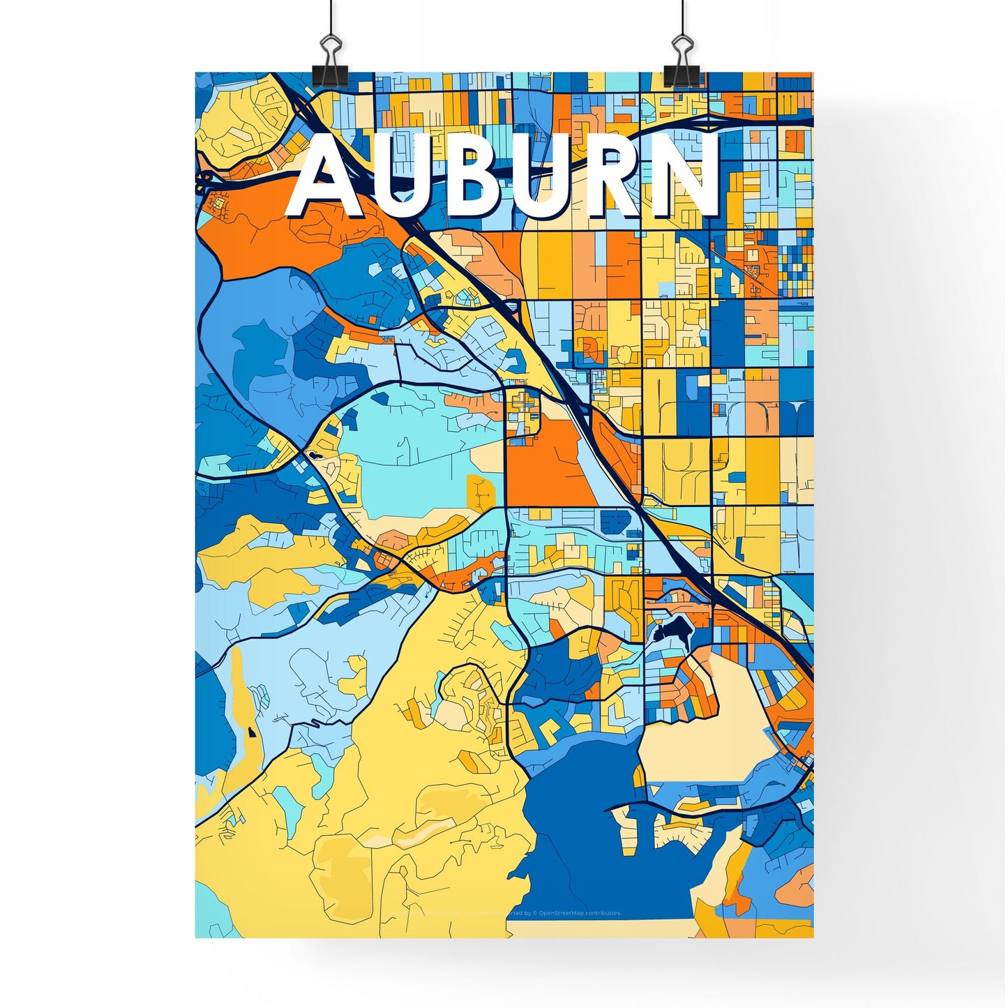 AUBURN WASHINGTON Vibrant Colorful Art Map Poster Blue Orange