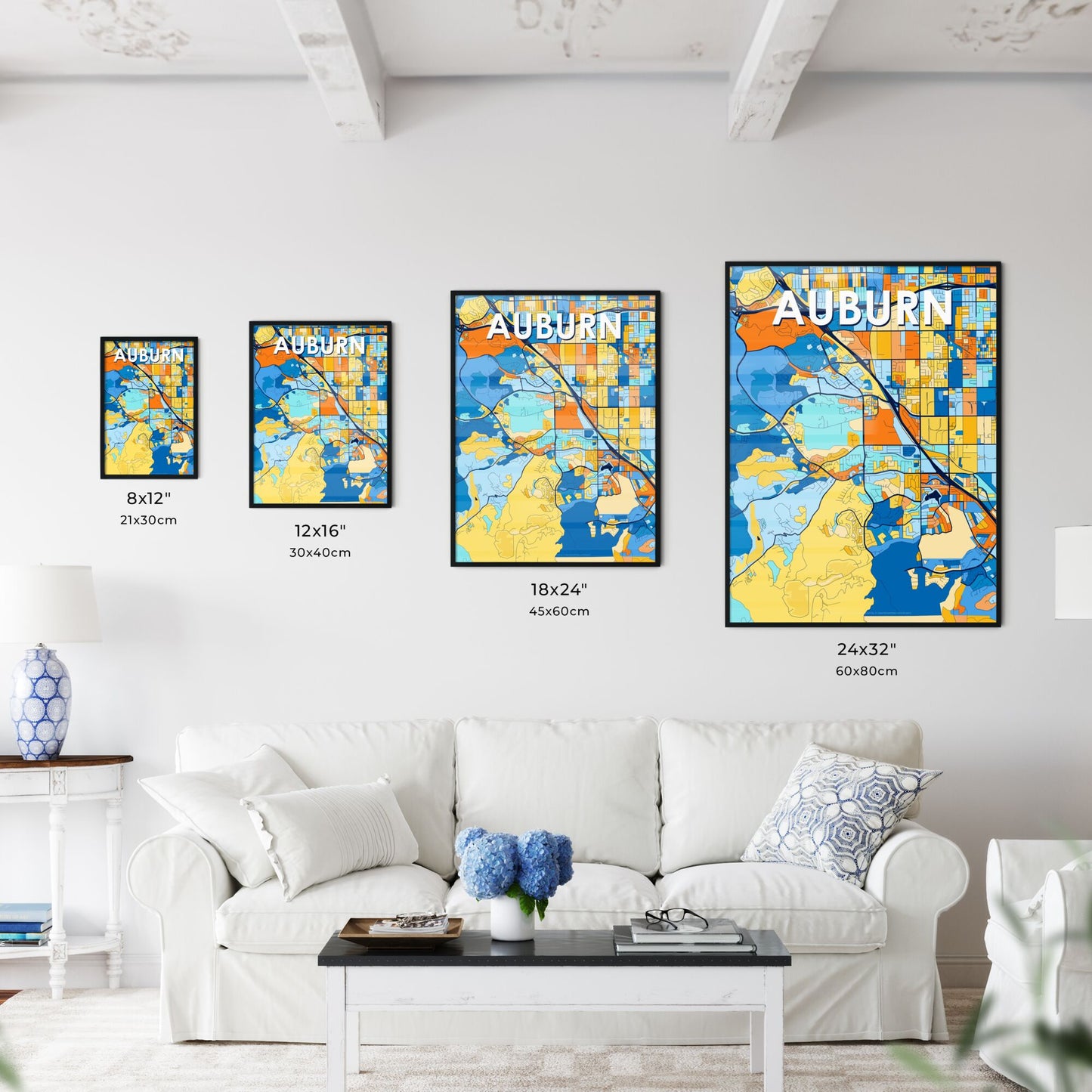 AUBURN WASHINGTON Vibrant Colorful Art Map Poster Blue Orange