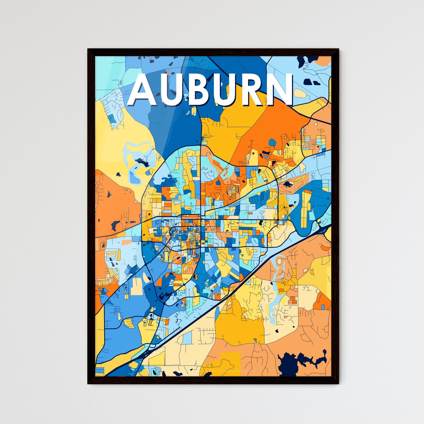 AUBURN ALABAMA Vibrant Colorful Art Map Poster Blue Orange