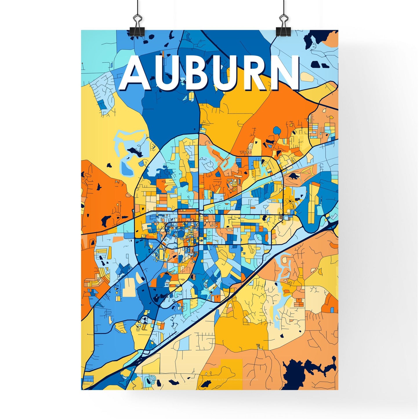 AUBURN ALABAMA Vibrant Colorful Art Map Poster Blue Orange