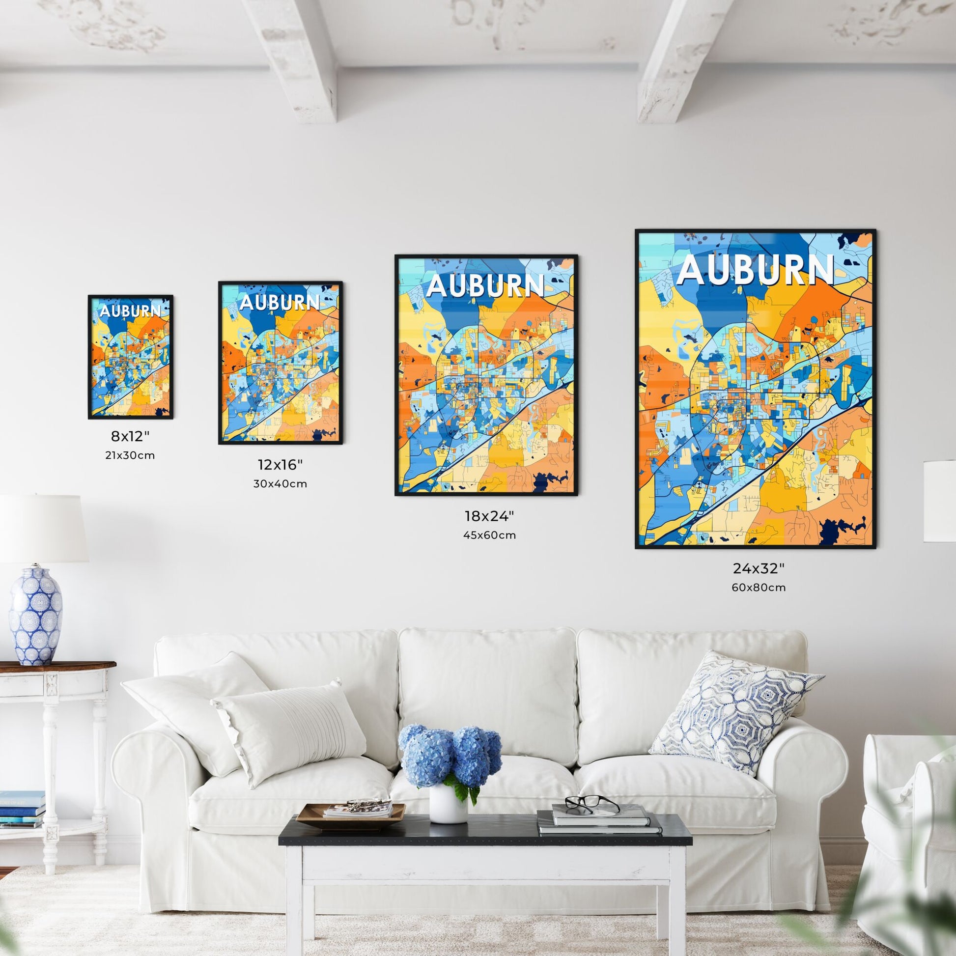 AUBURN ALABAMA Vibrant Colorful Art Map Poster Blue Orange