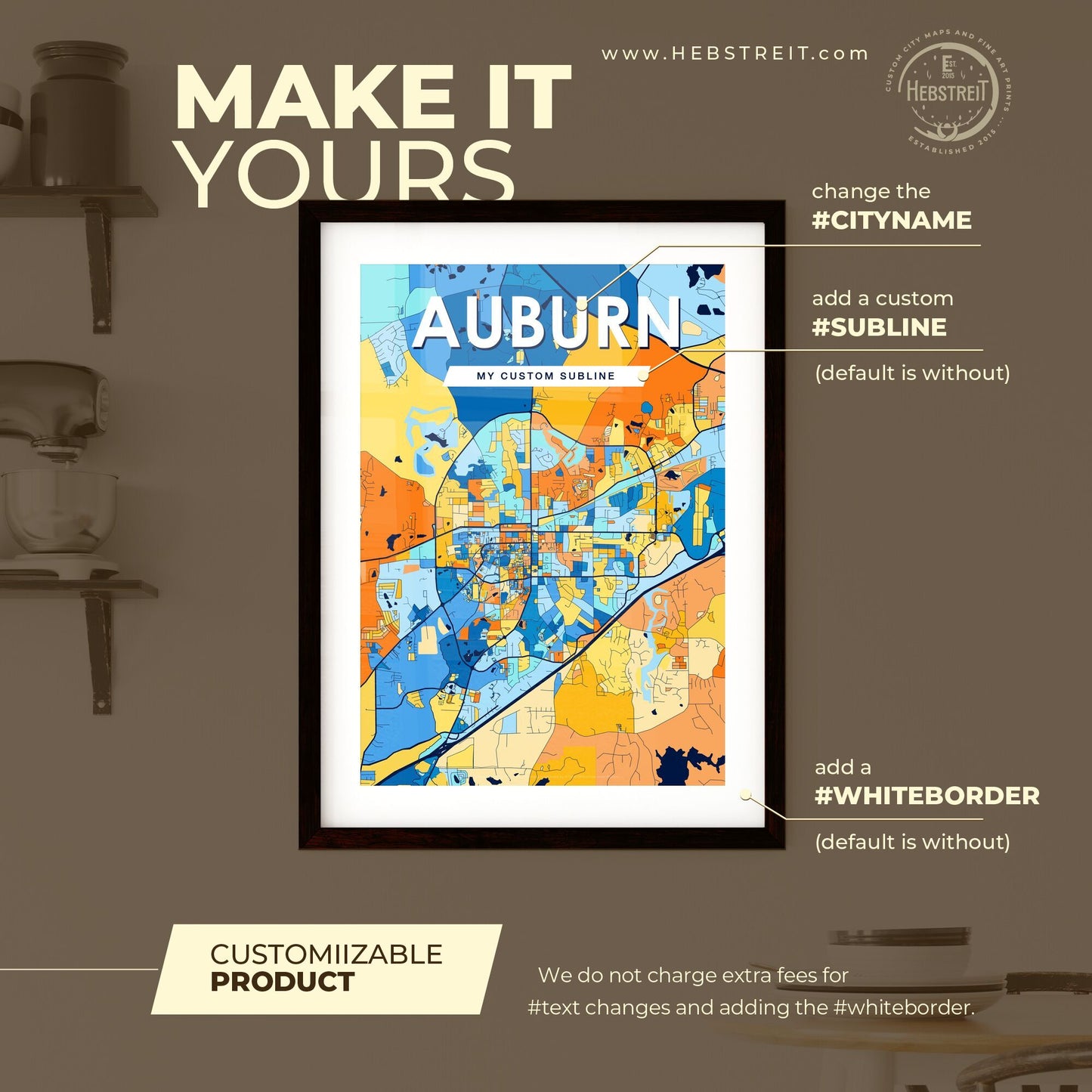 AUBURN ALABAMA Vibrant Colorful Art Map Poster Blue Orange