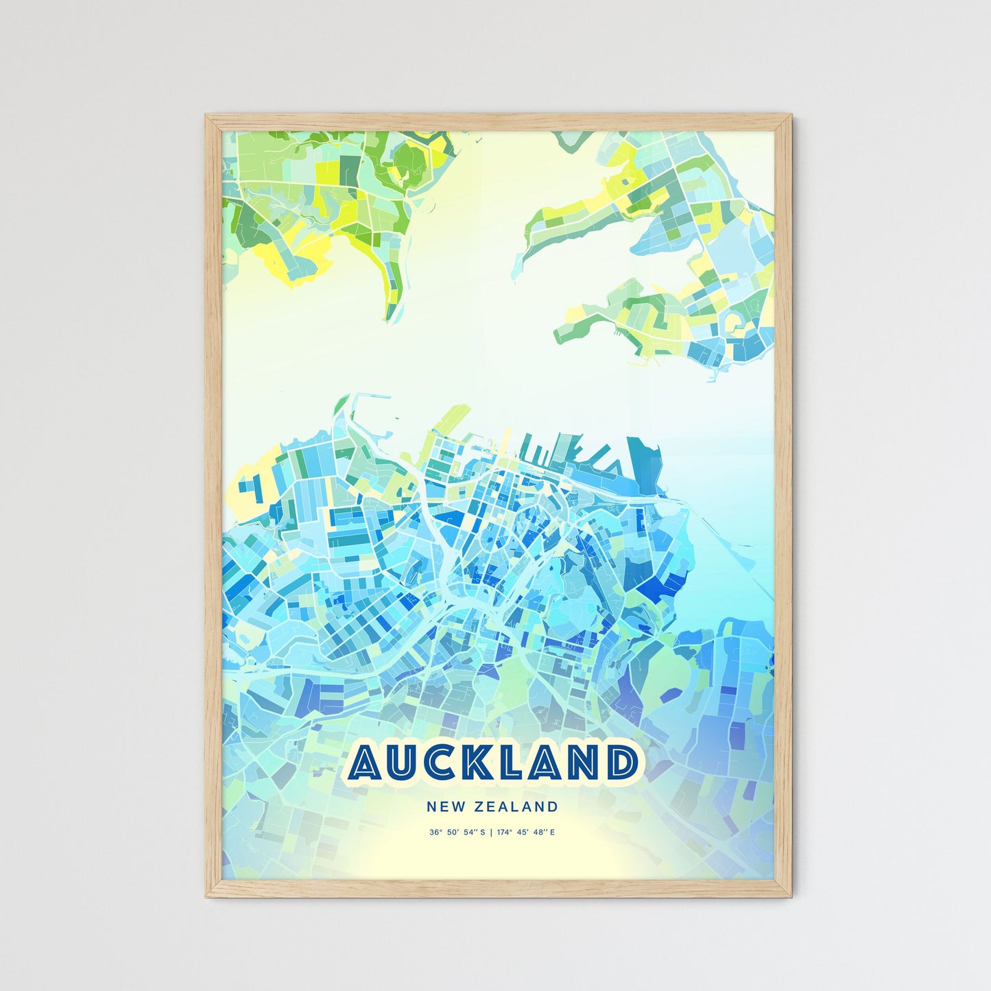 Colorful Auckland New Zealand Fine Art Map Cool Blue