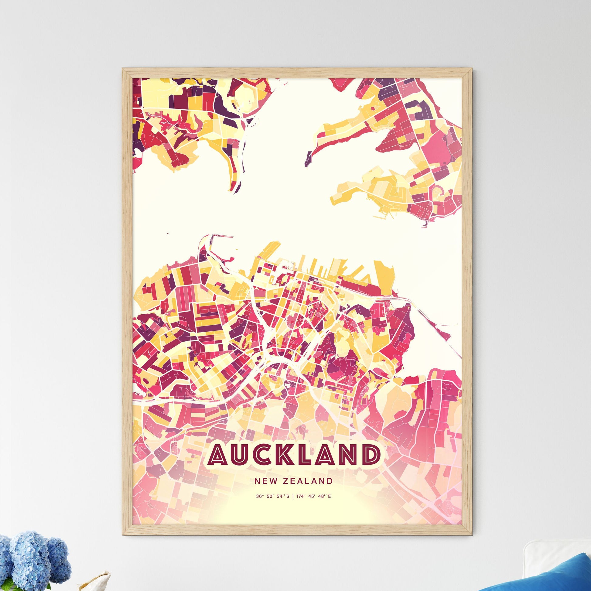 Colorful Auckland New Zealand Fine Art Map Hot Red