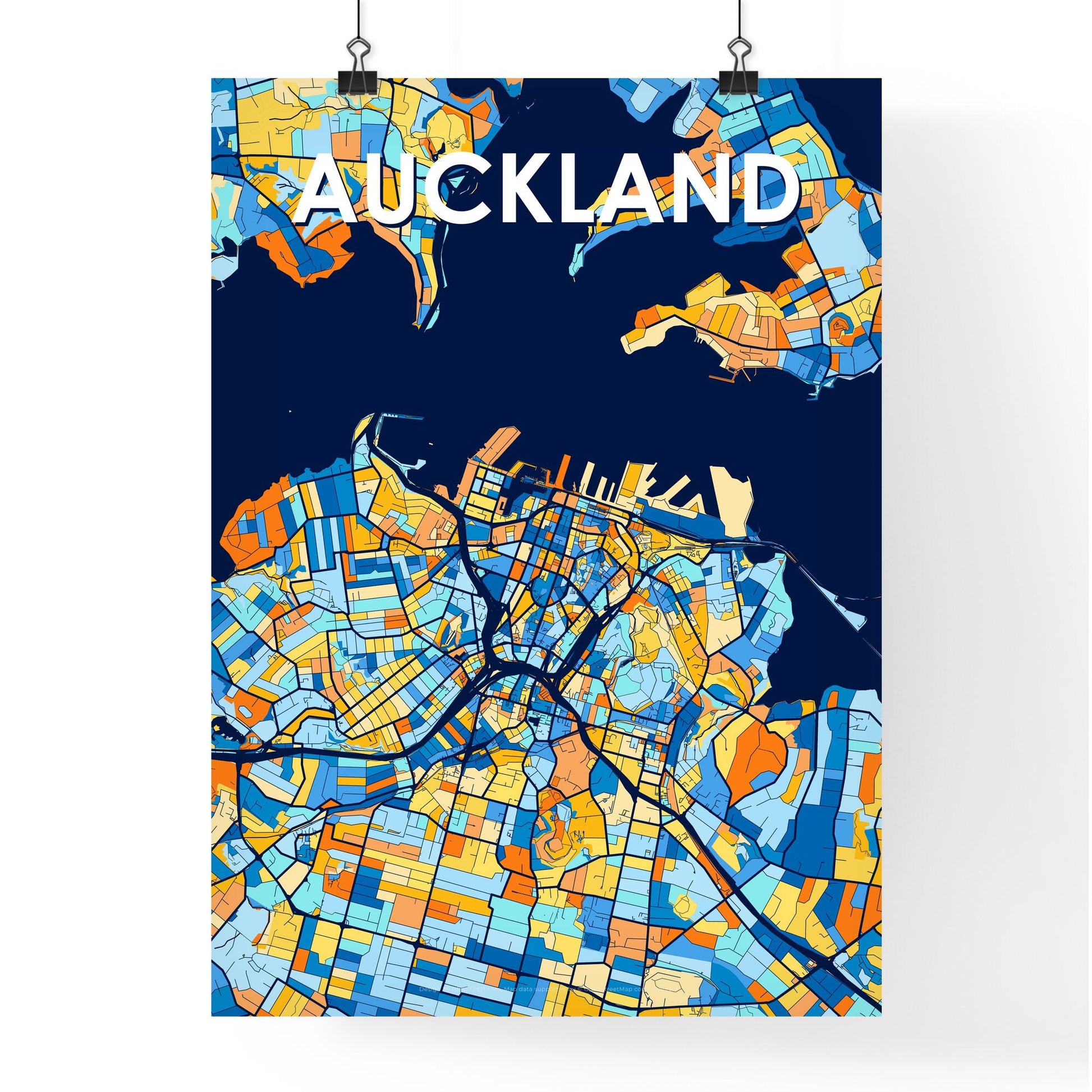 AUCKLAND NEW ZEALAND Vibrant Colorful Art Map Poster Blue Orange