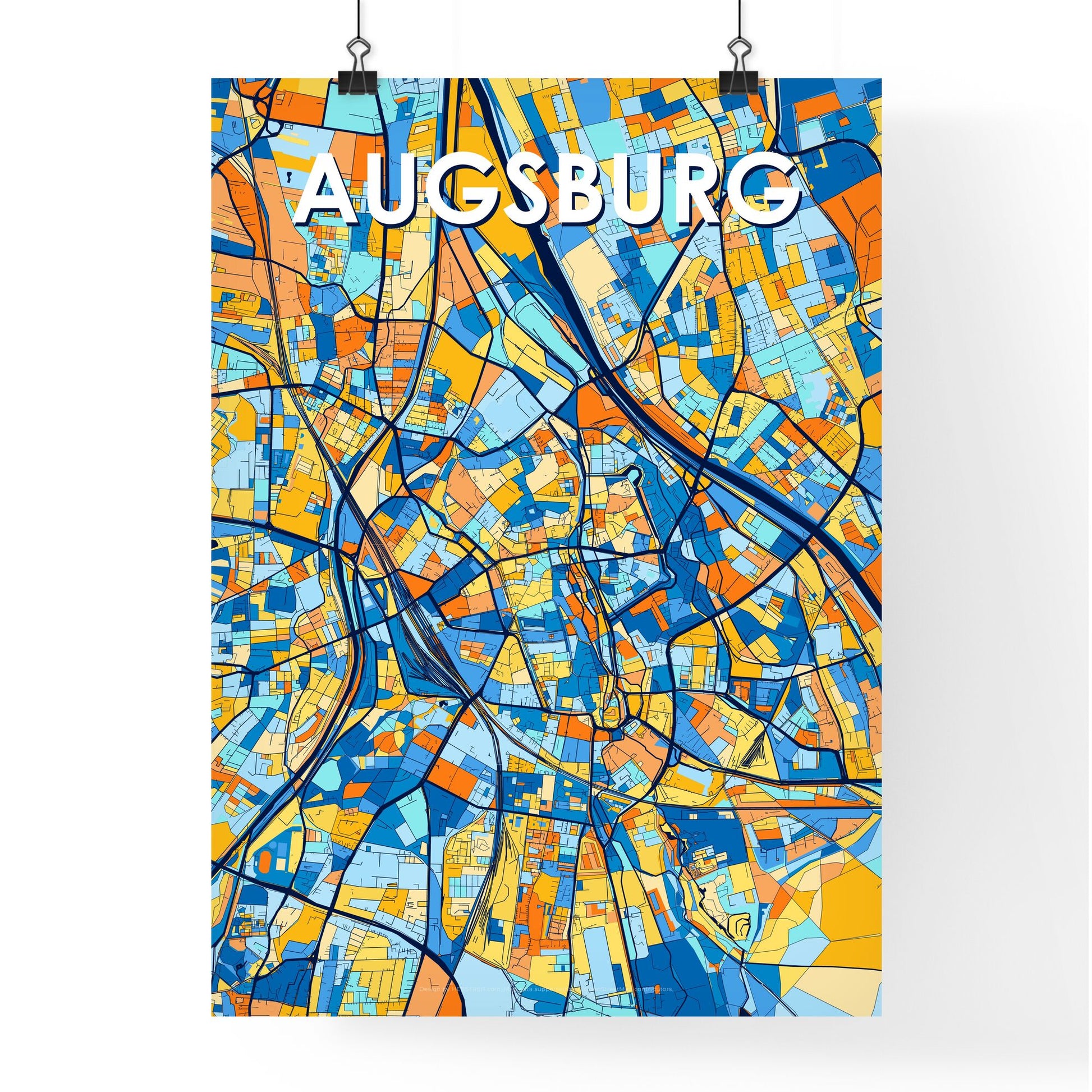 AUGSBURG GERMANY Vibrant Colorful Art Map Poster Blue Orange