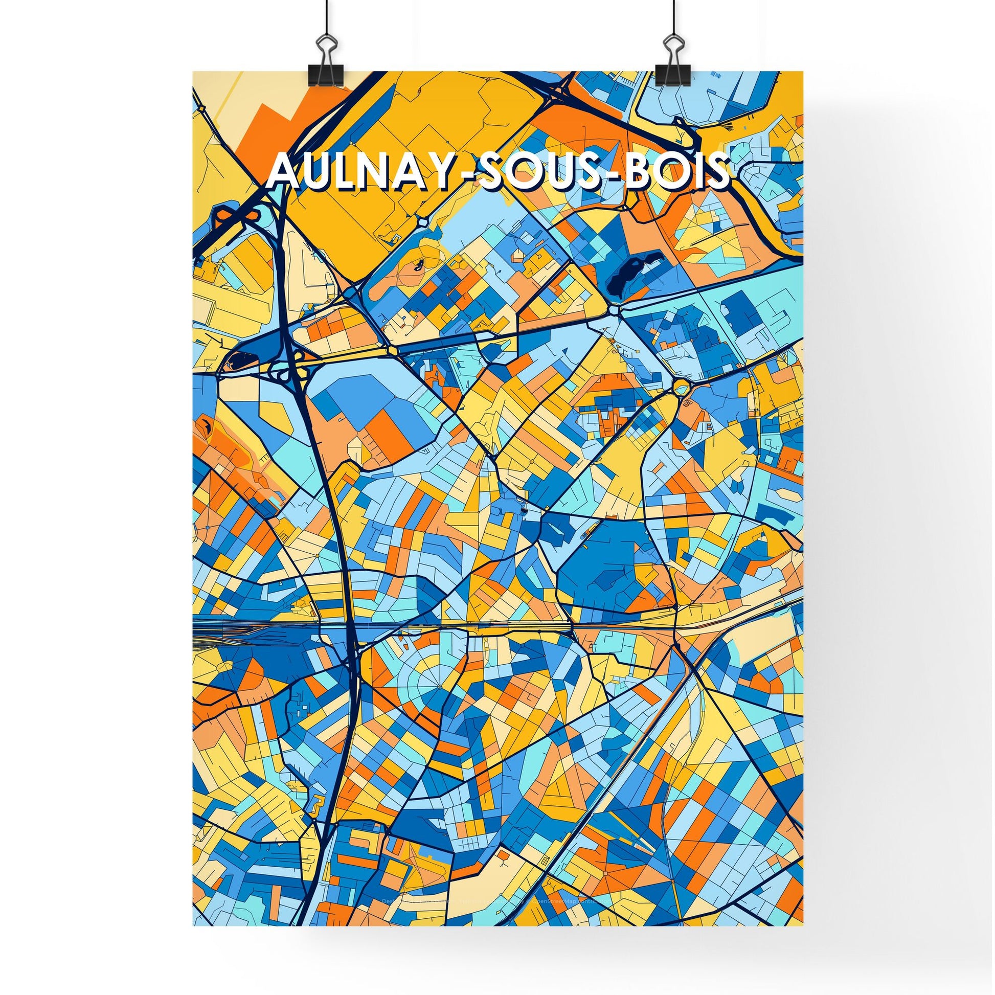 AULNAY-SOUS-BOIS FRANCE Vibrant Colorful Art Map Poster Blue Orange