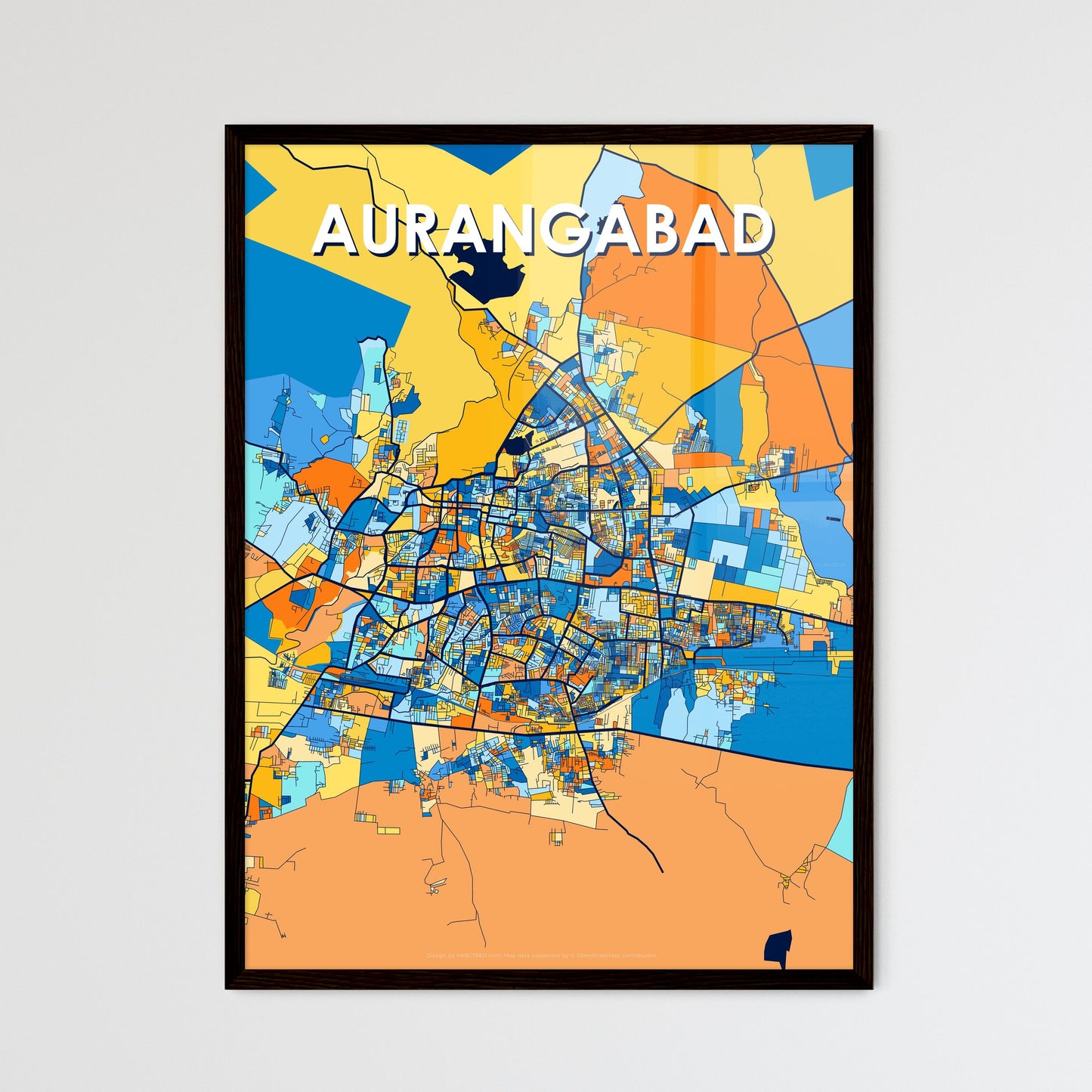 AURANGABAD INDIA Vibrant Colorful Art Map Poster Blue Orange