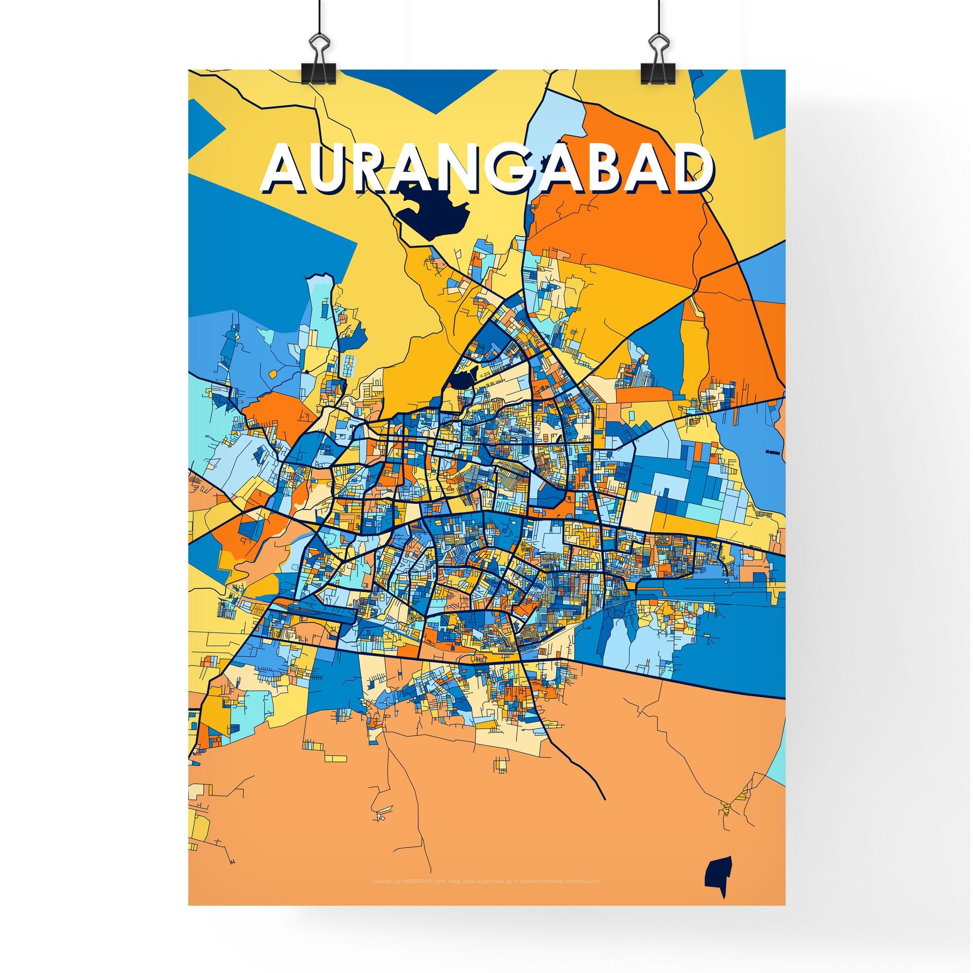 AURANGABAD INDIA Vibrant Colorful Art Map Poster Blue Orange