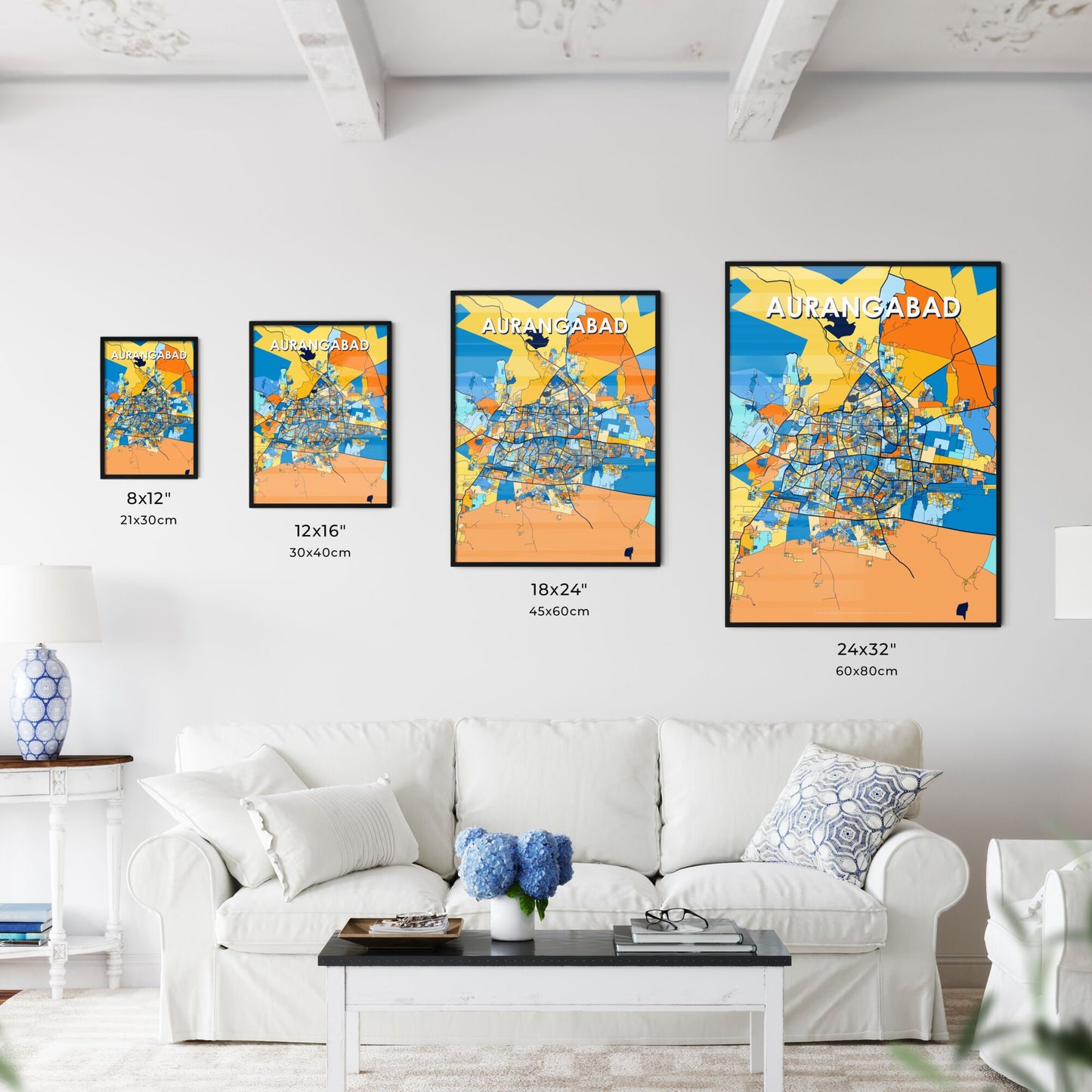 AURANGABAD INDIA Vibrant Colorful Art Map Poster Blue Orange