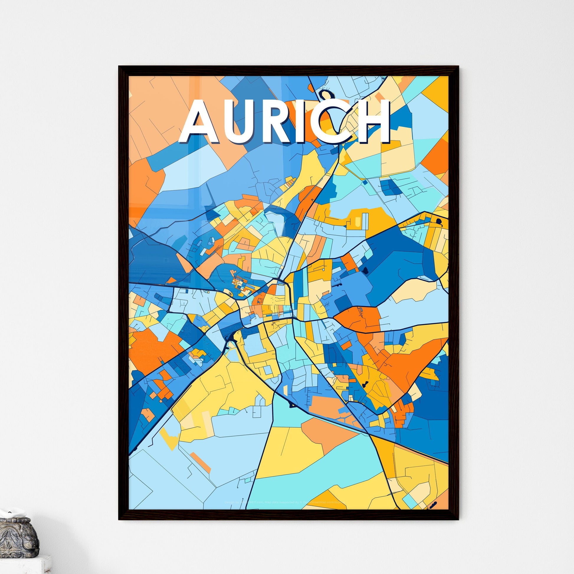 AURICH GERMANY Vibrant Colorful Art Map Poster Blue Orange