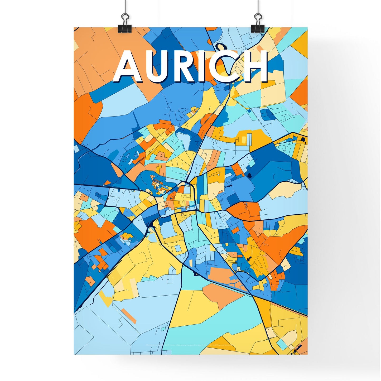 AURICH GERMANY Vibrant Colorful Art Map Poster Blue Orange