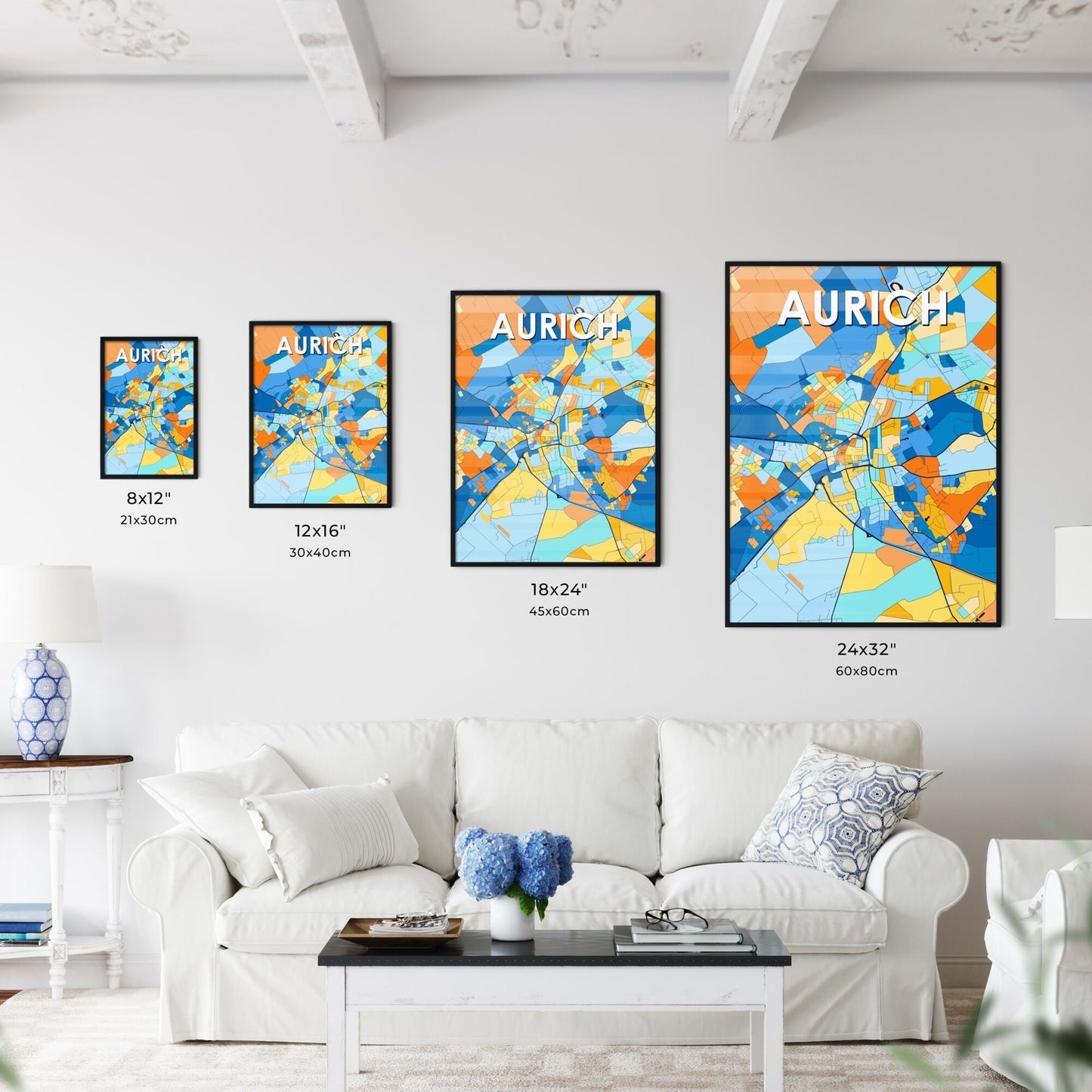 AURICH GERMANY Vibrant Colorful Art Map Poster Blue Orange