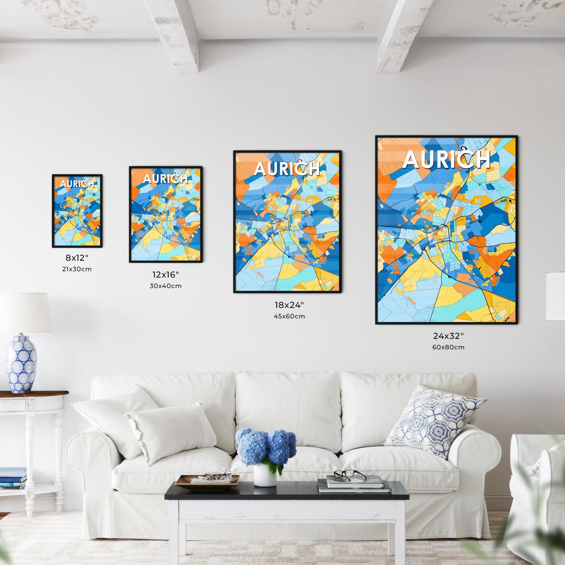 AURICH GERMANY Vibrant Colorful Art Map Poster Blue Orange