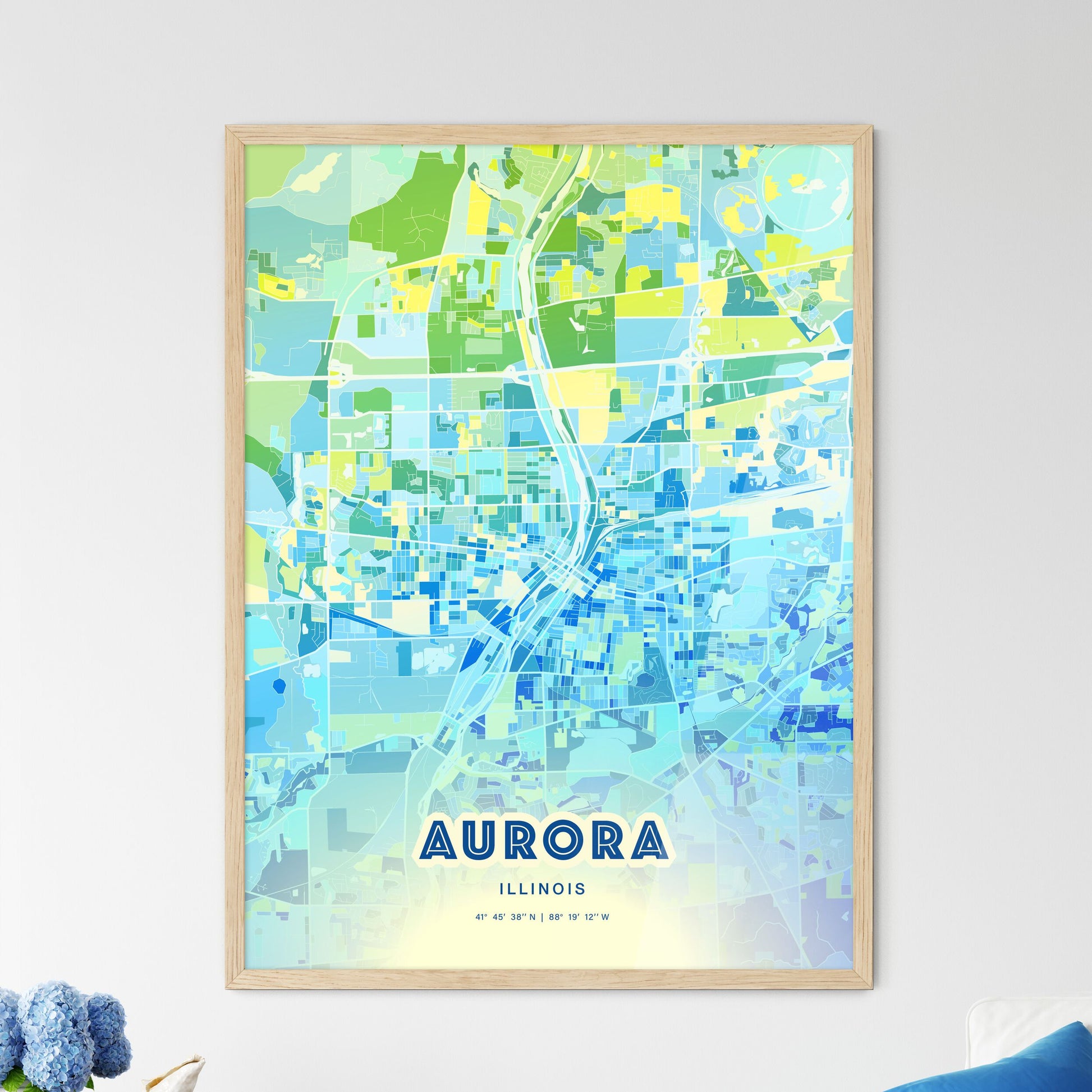 Colorful Aurora Illinois Fine Art Map Cool Blue