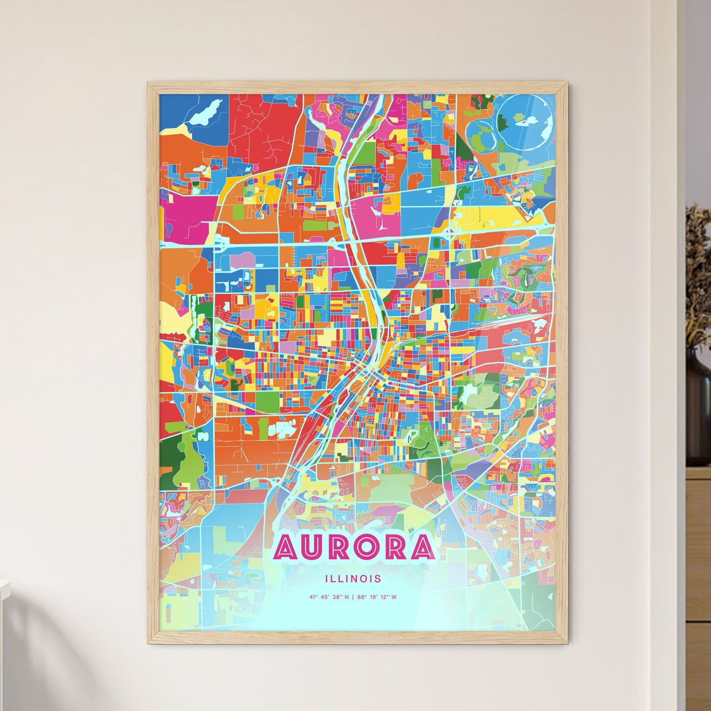 Colorful Aurora Illinois Fine Art Map Crazy Colors