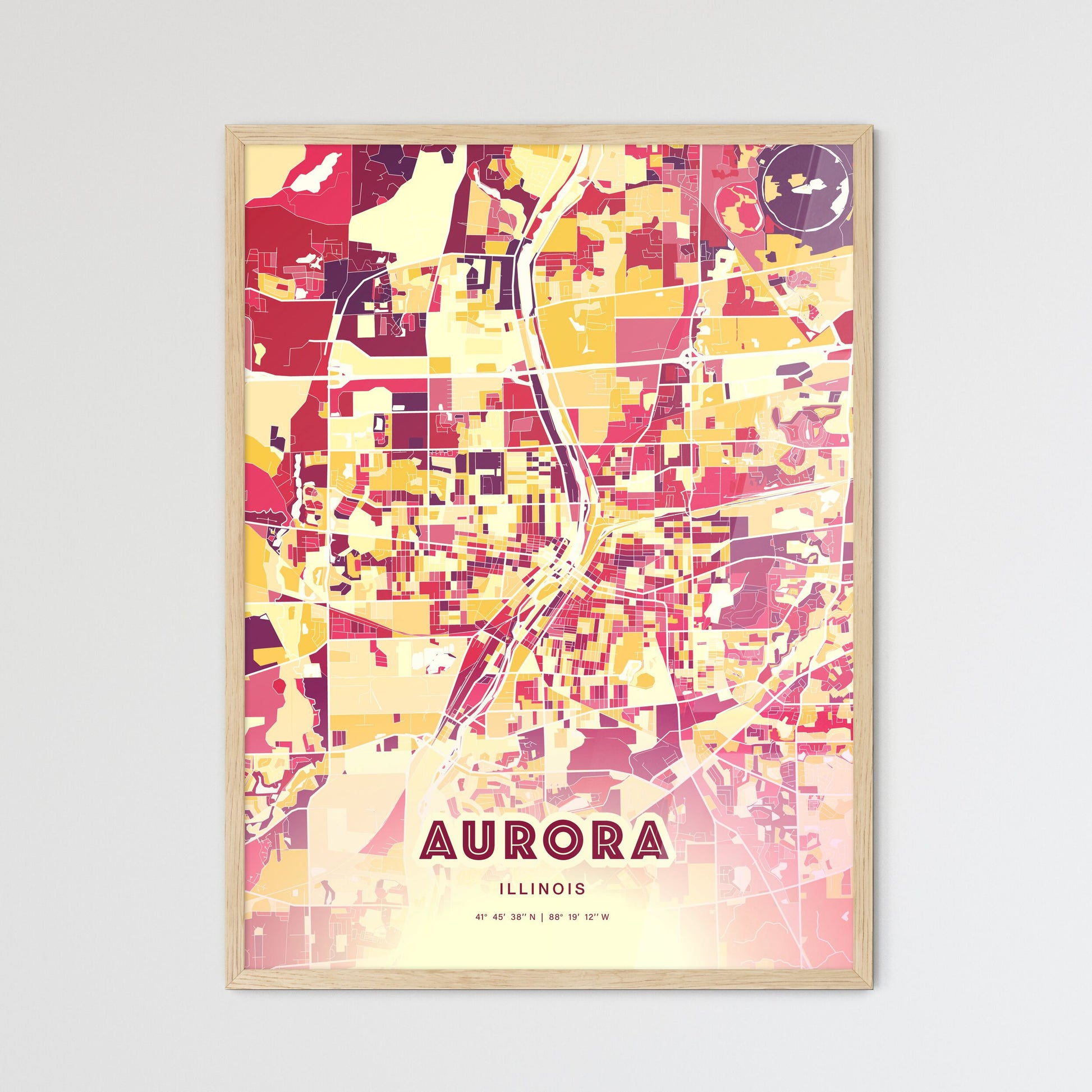 Colorful Aurora Illinois Fine Art Map Hot Red