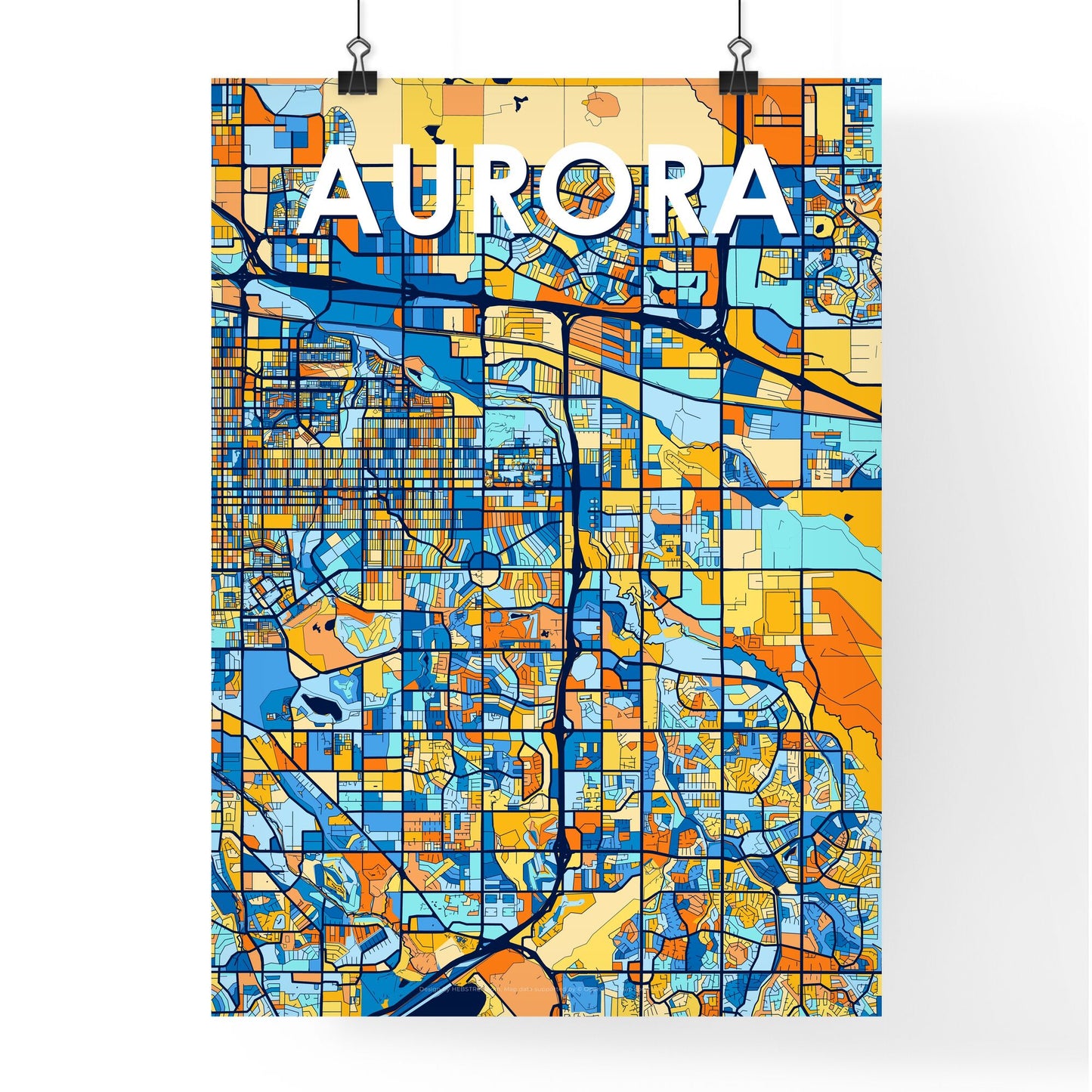 AURORA COLORADO Vibrant Colorful Art Map Poster Blue Orange