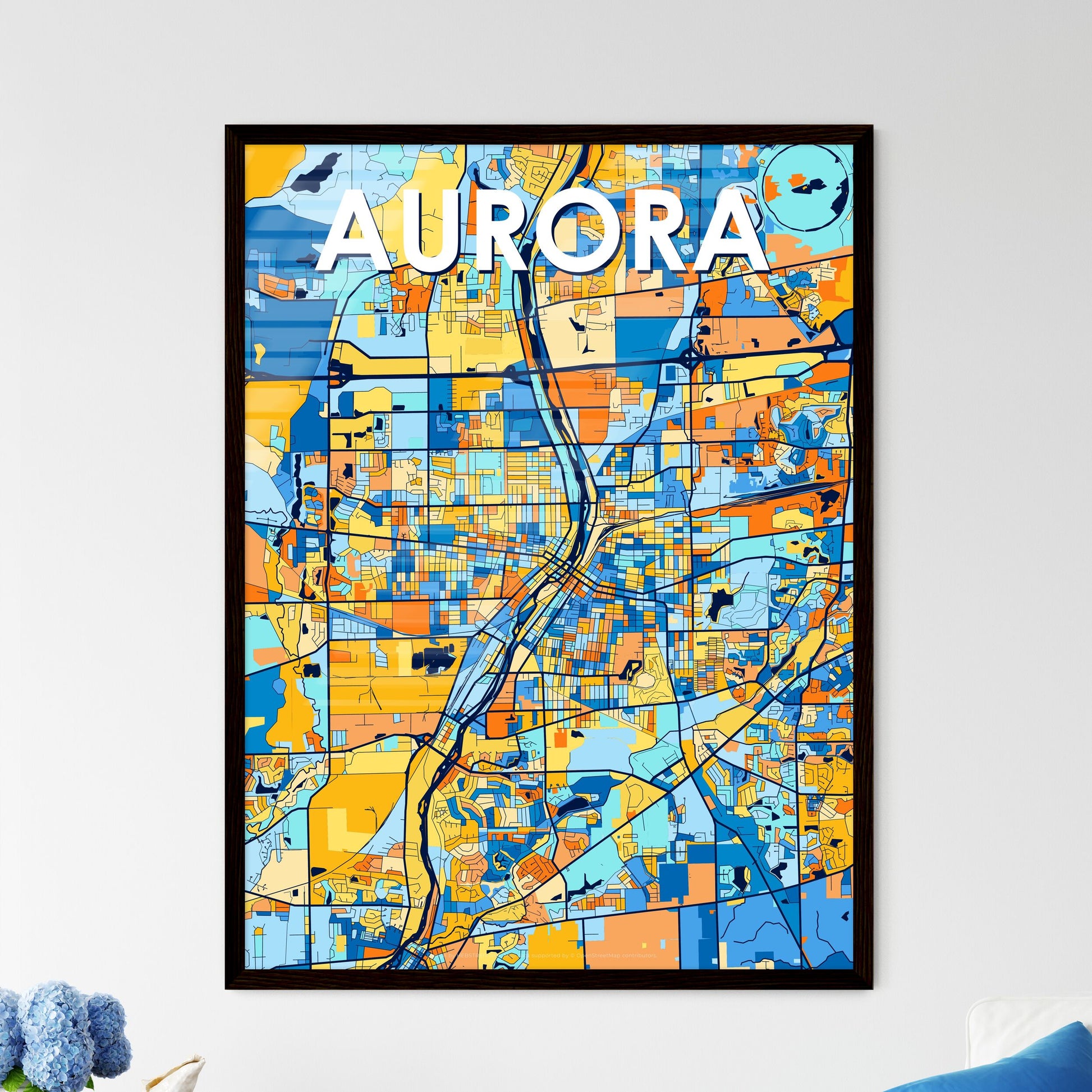 AURORA ILLINOIS Vibrant Colorful Art Map Poster Blue Orange