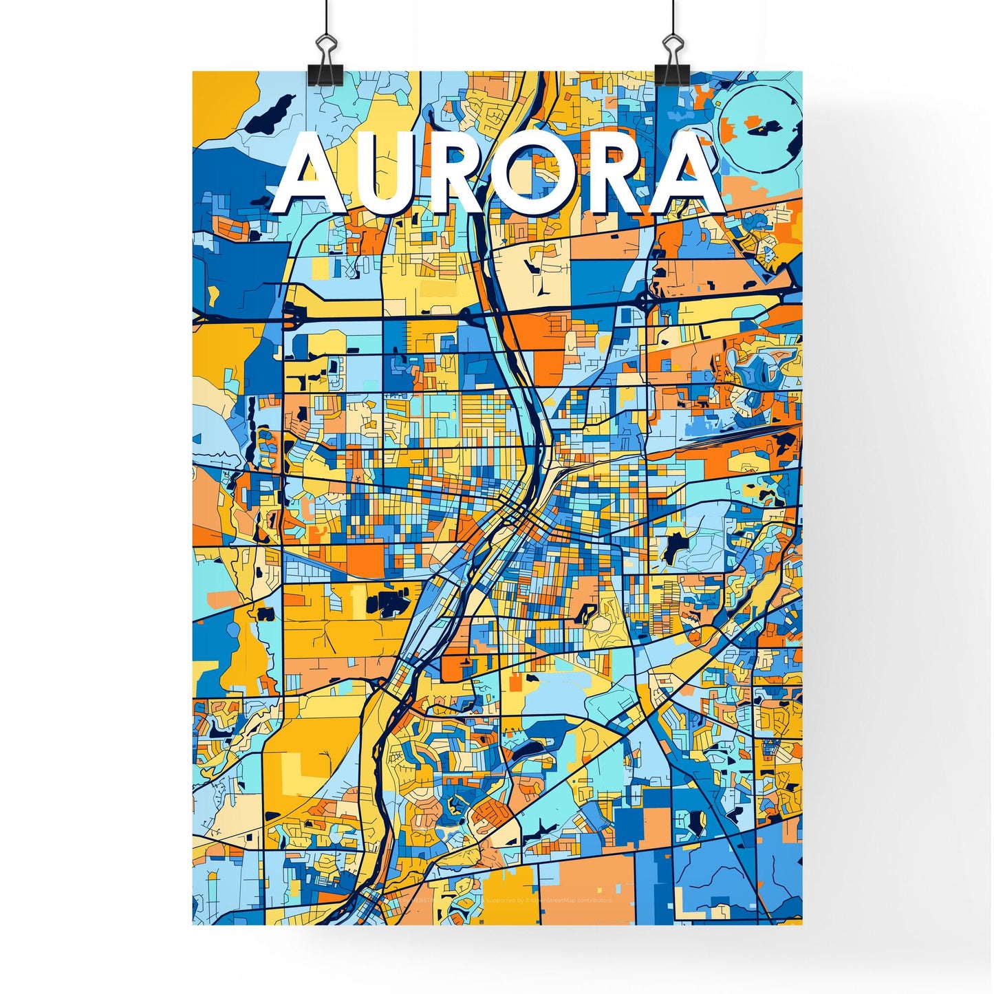 AURORA ILLINOIS Vibrant Colorful Art Map Poster Blue Orange