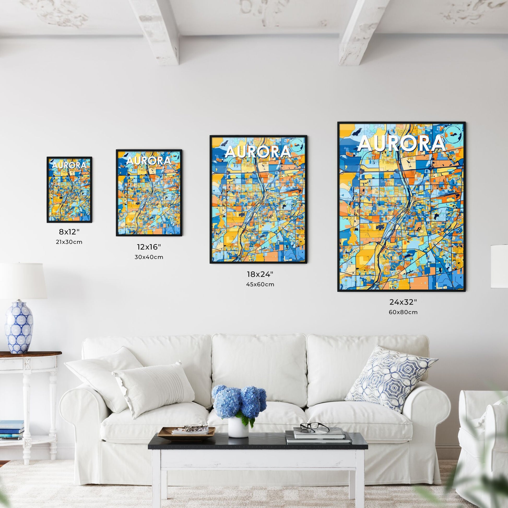 AURORA ILLINOIS Vibrant Colorful Art Map Poster Blue Orange